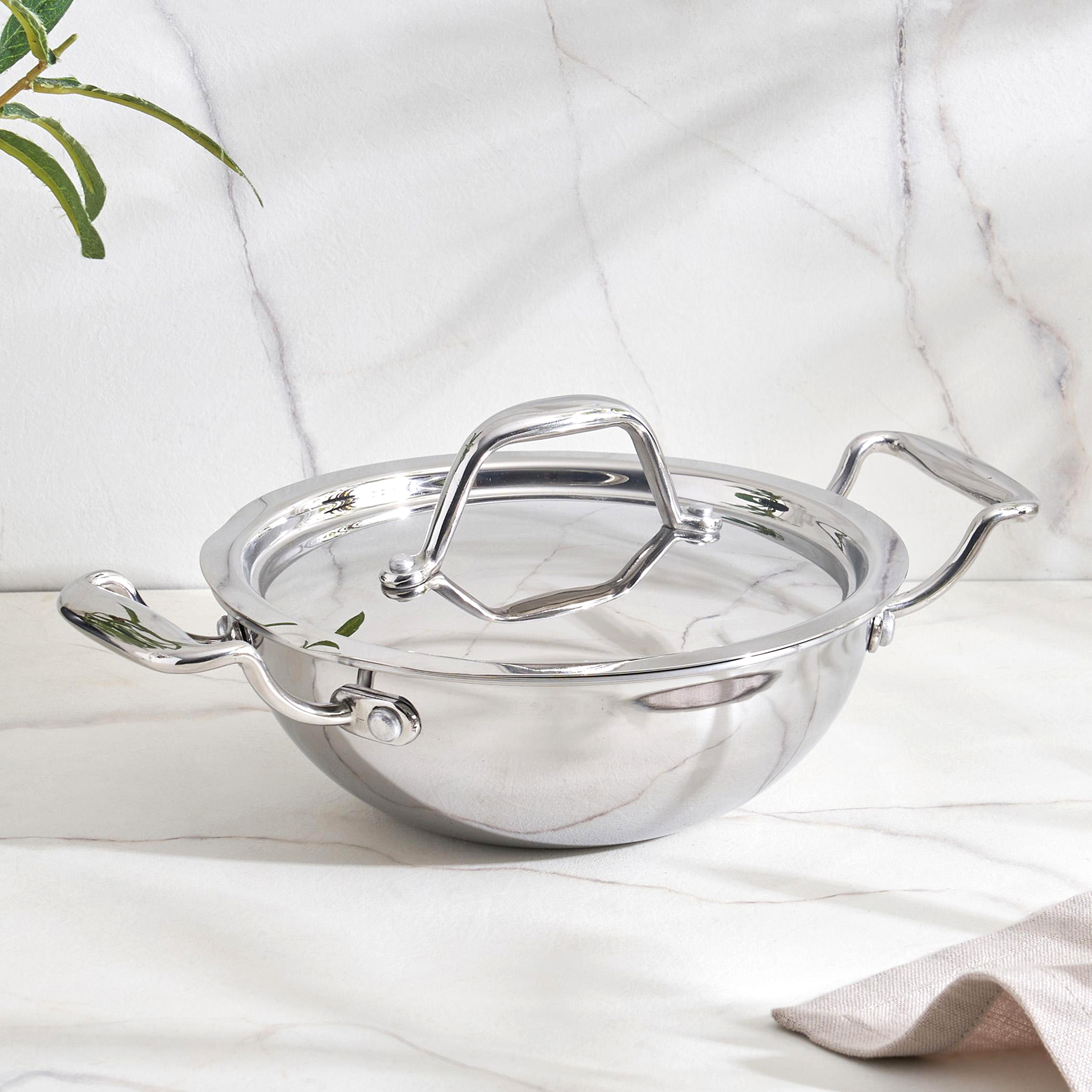 Valeria Carin Stainless Steel Induction Compatible Kadhai with Lid - 16cm in Silver