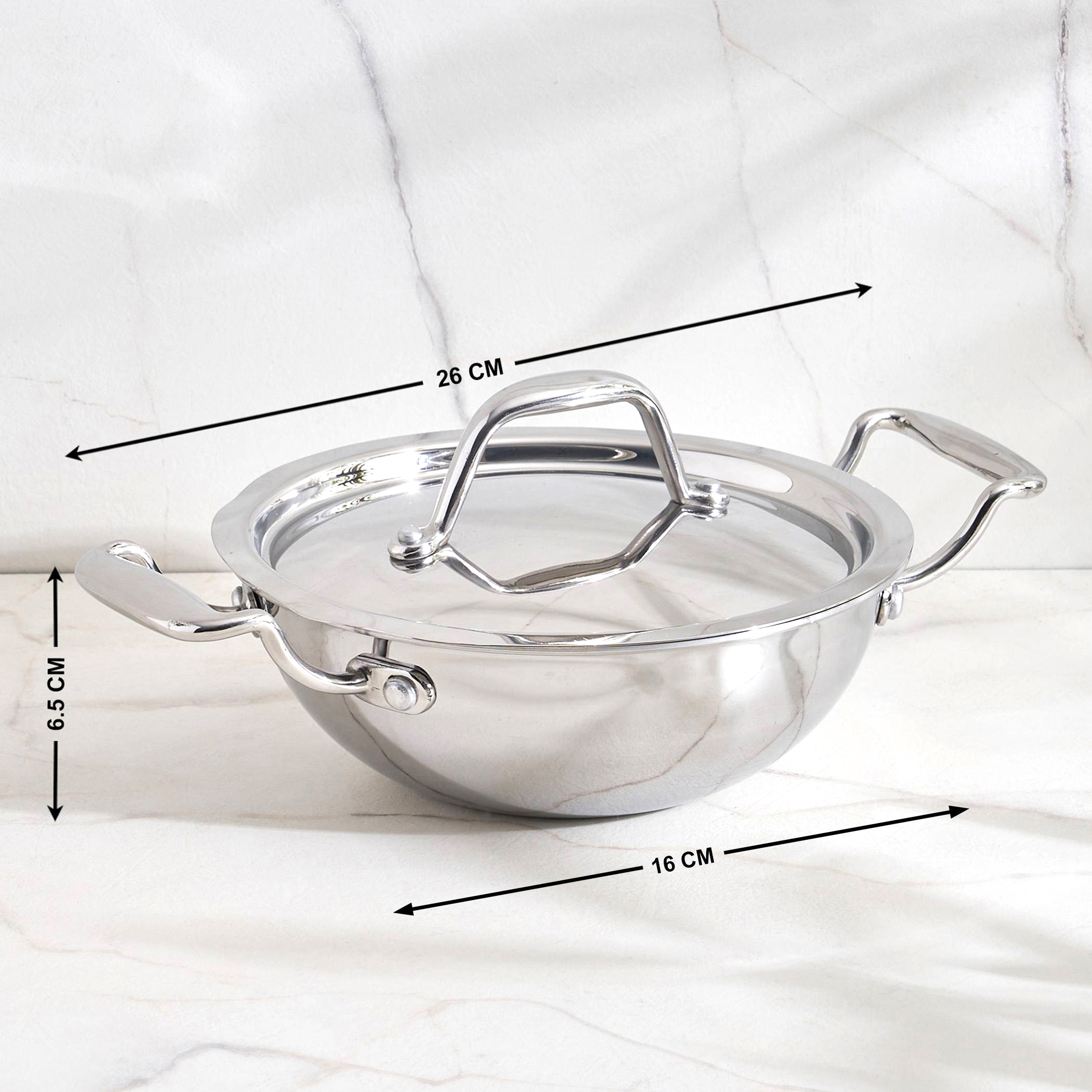 Valeria Carin Stainless Steel Induction Compatible Kadhai with Lid - 16cm in Silver