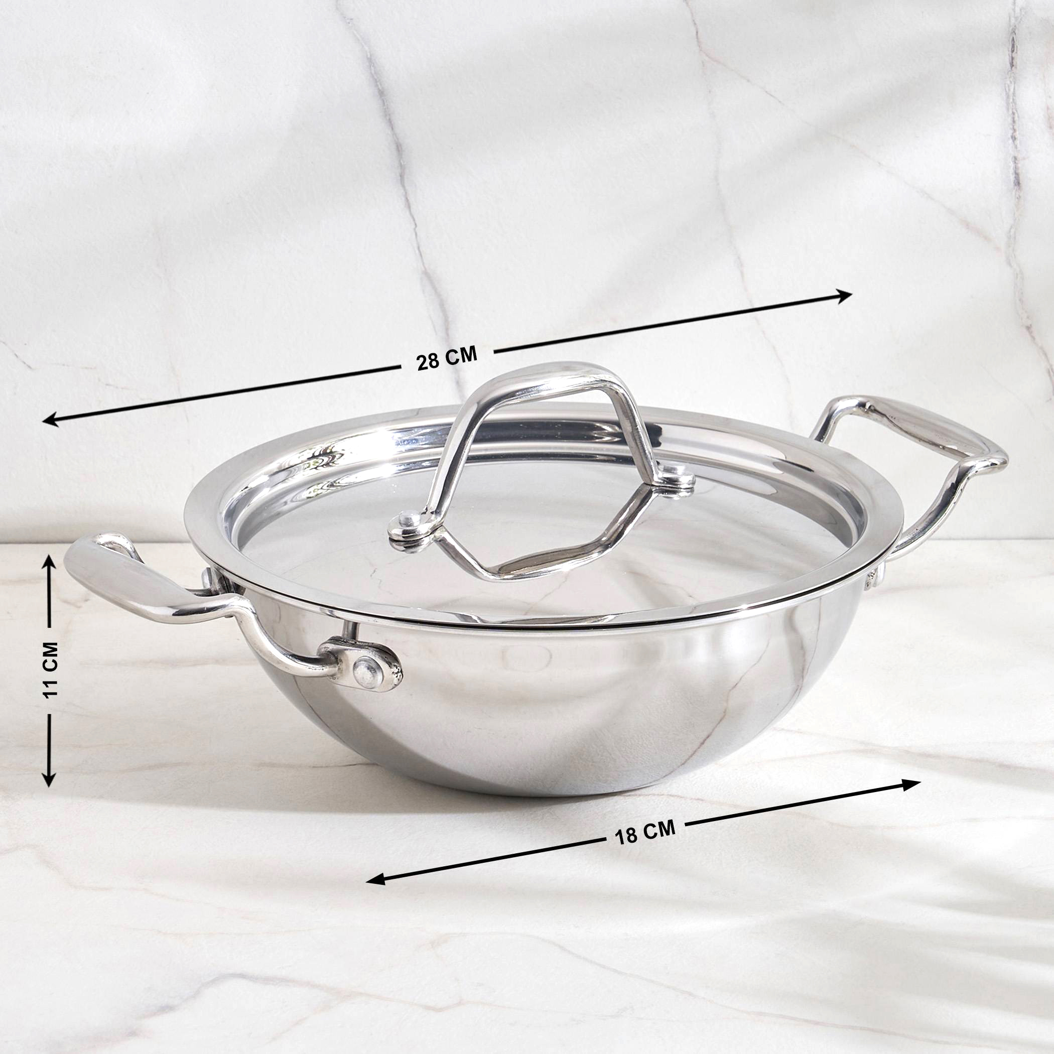 Valeria Carin Stainless Steel Induction Compatible Kadhai with Lid - 18cm in Silver