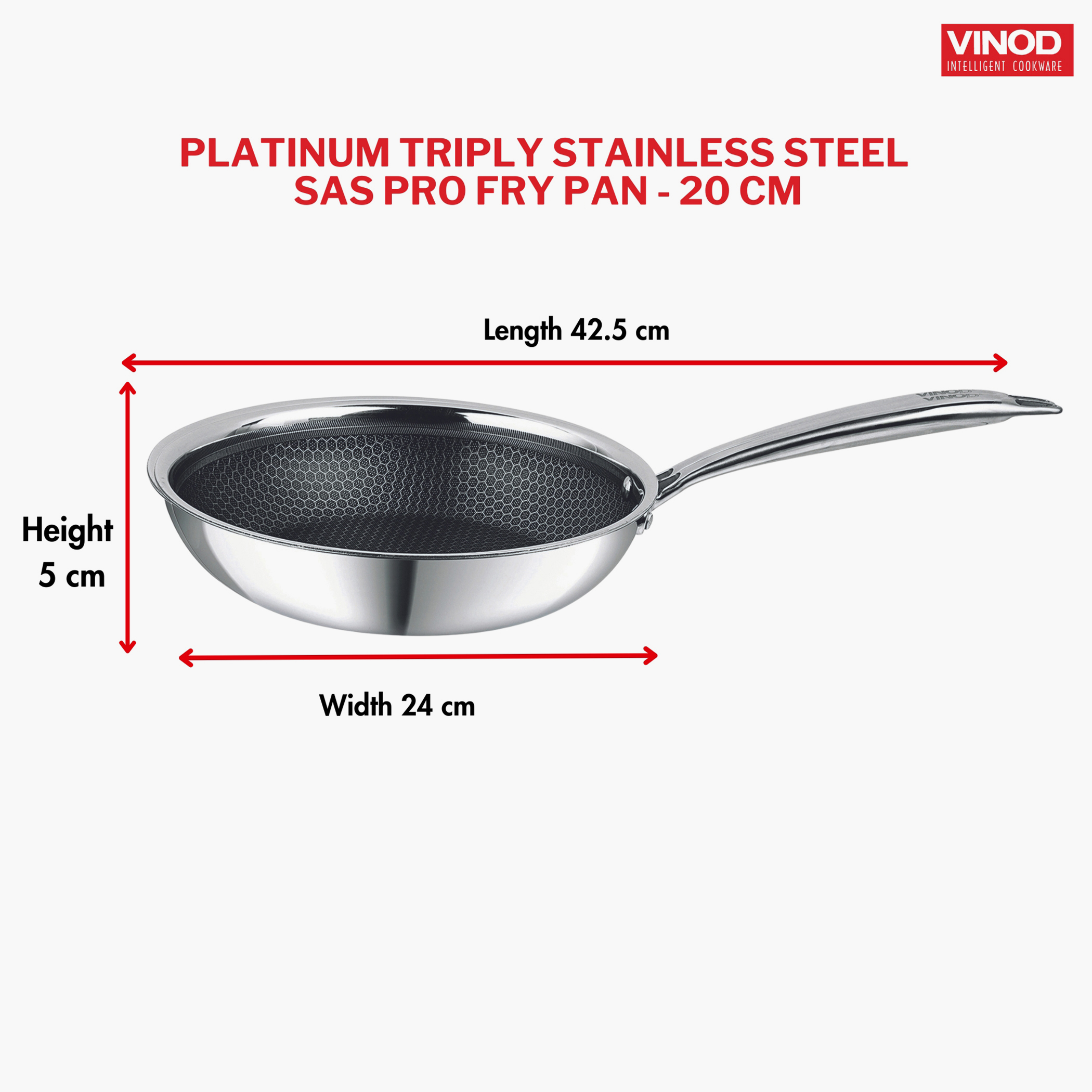 VINOD Platinum Triply Stainless Steel SAS Pro Fry Pan - 20 cm in Silver