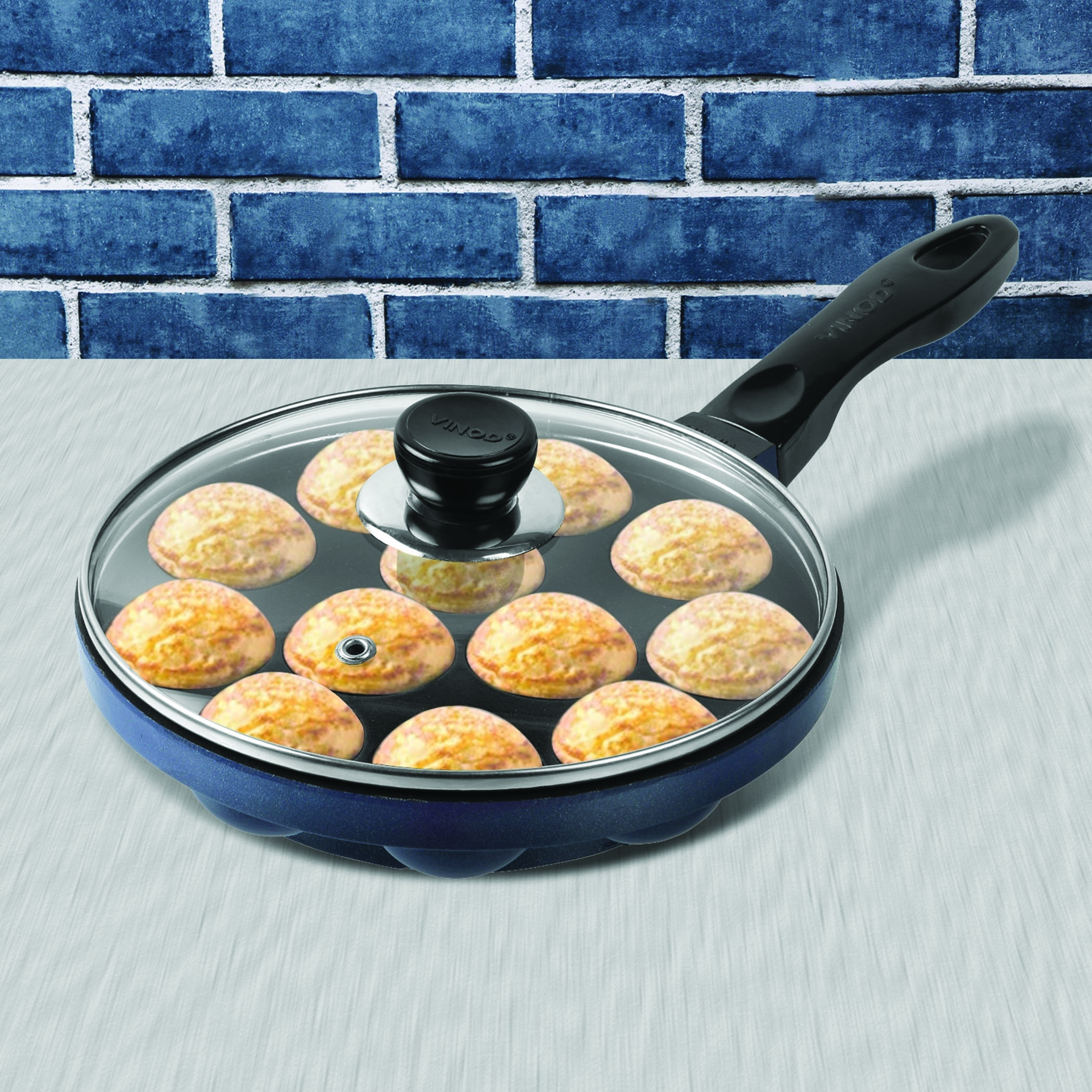 VINOD Zest Aluminium Non-Stick 12 Pits Paniyarakkal with Glass Lid - 20.5cm in Blue