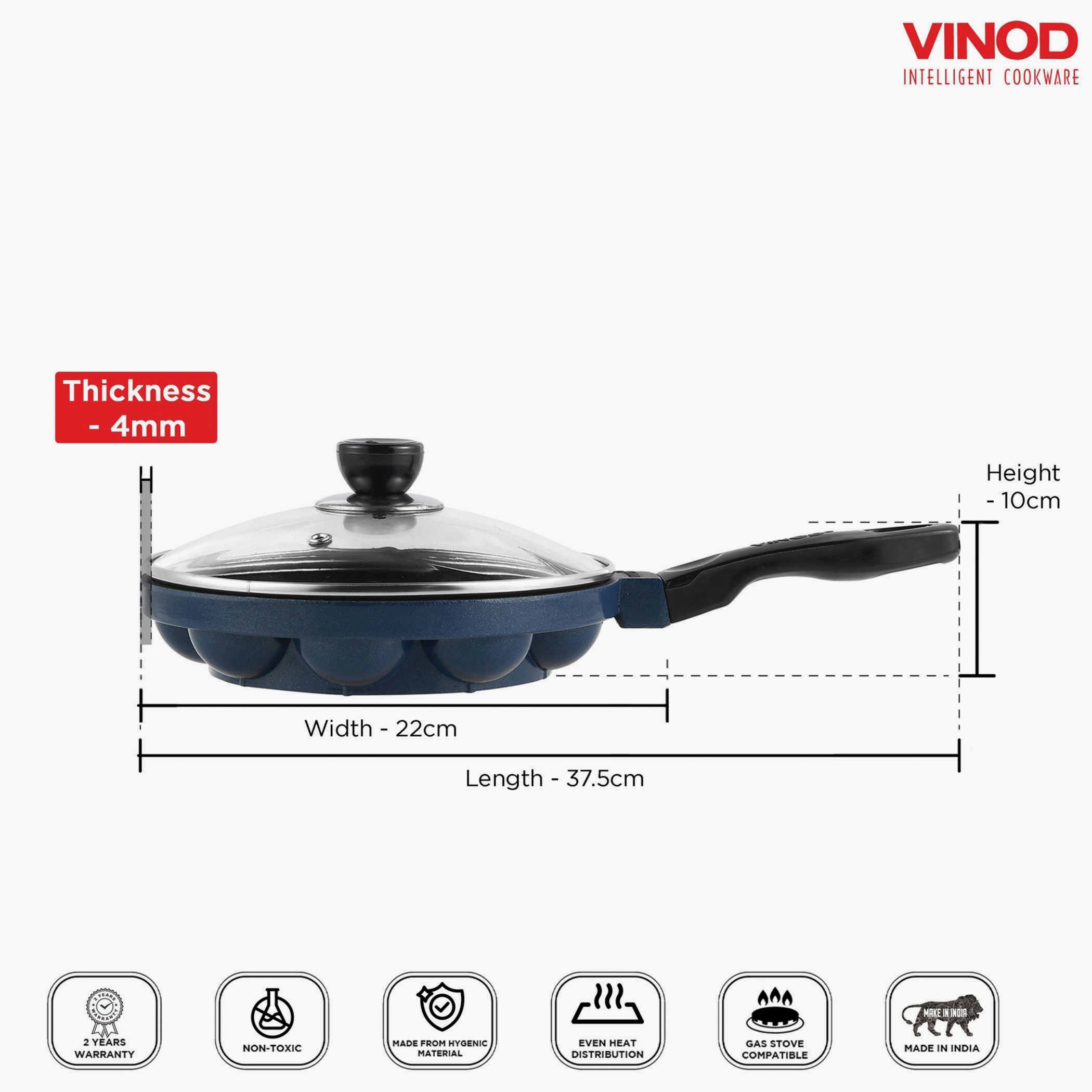 VINOD Zest Aluminium Non-Stick 12 Pits Paniyarakkal with Glass Lid - 20.5cm in Blue