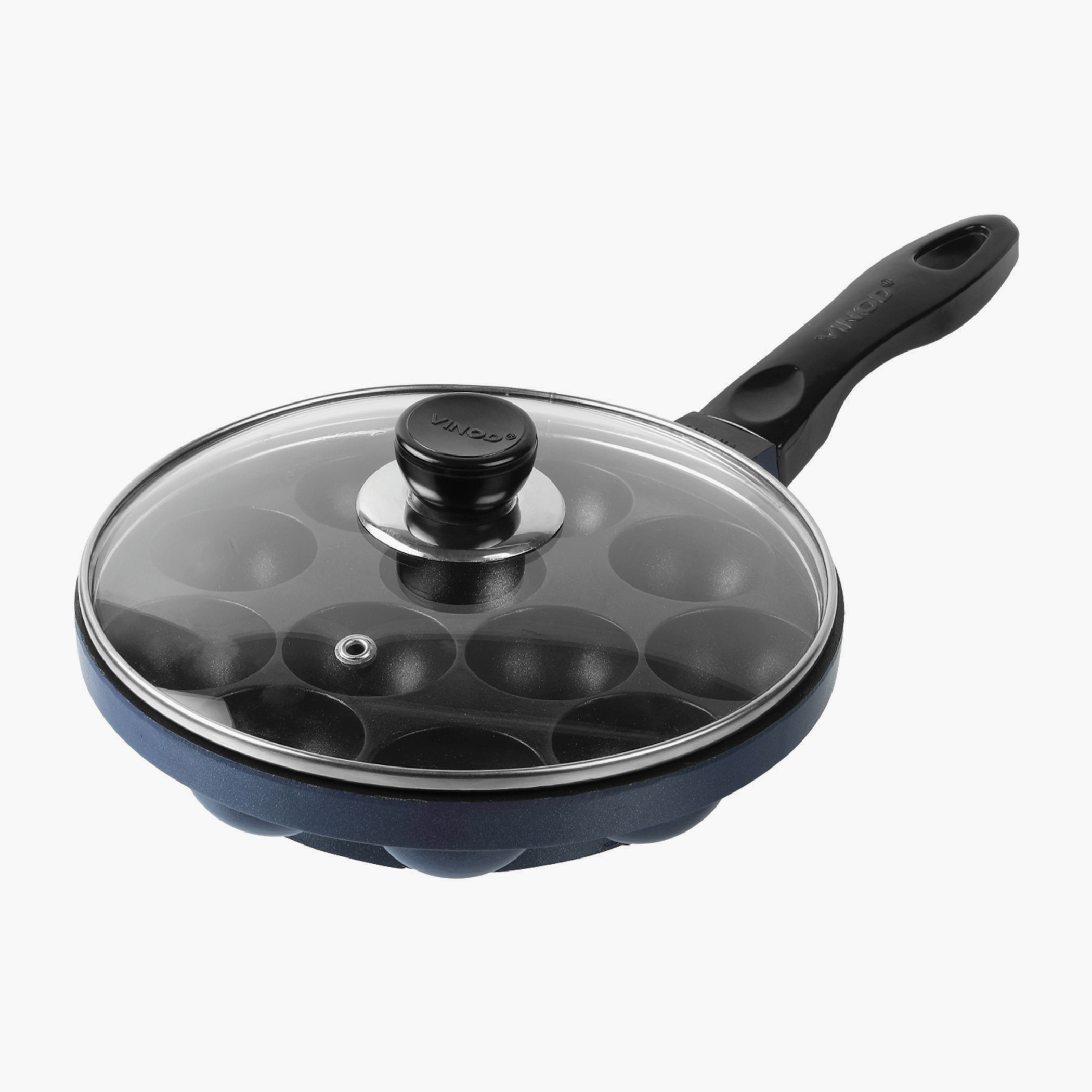 VINOD Zest Aluminium Non-Stick 12 Pits Paniyarakkal with Glass Lid - 20.5cm in Blue