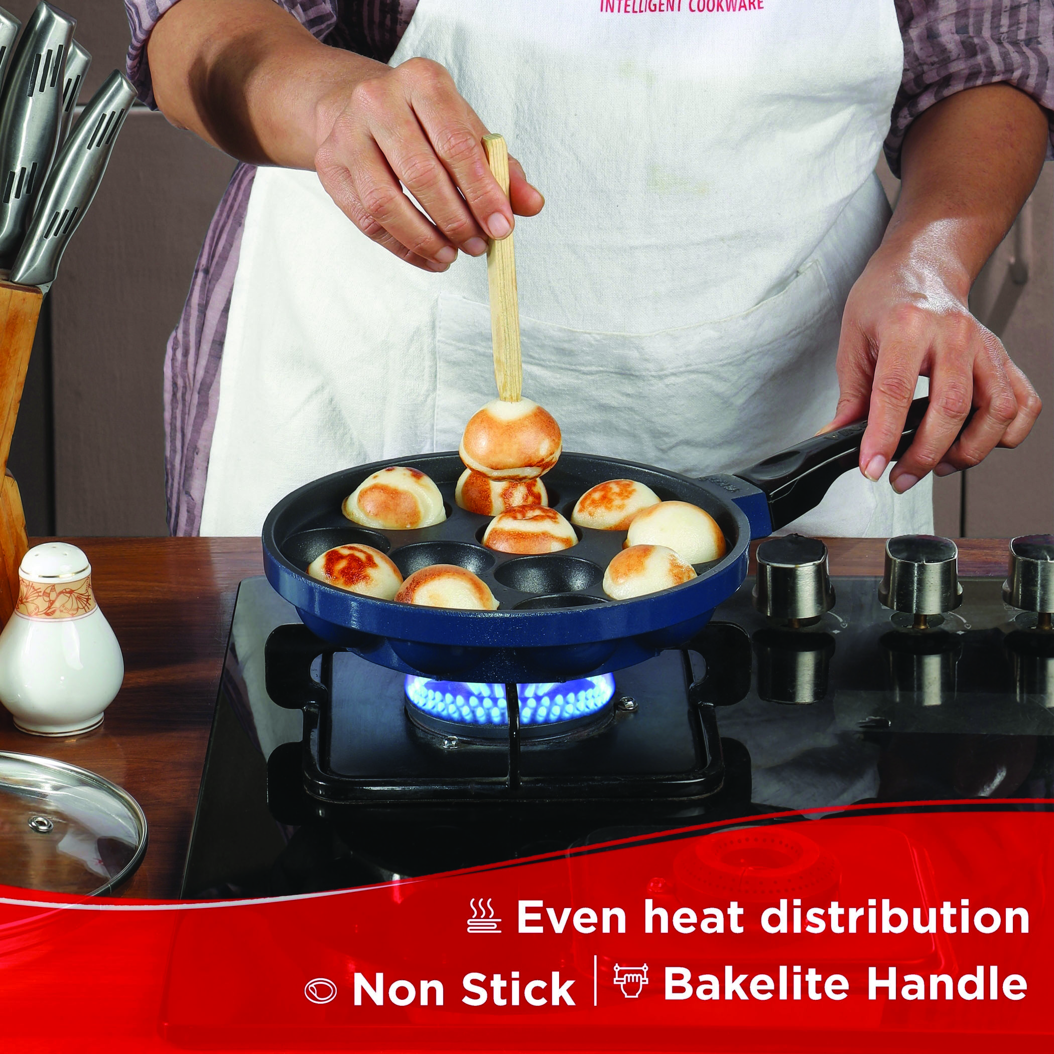 VINOD Zest Aluminium Non-Stick 12 Pits Paniyarakkal with Glass Lid - 20.5cm in Blue