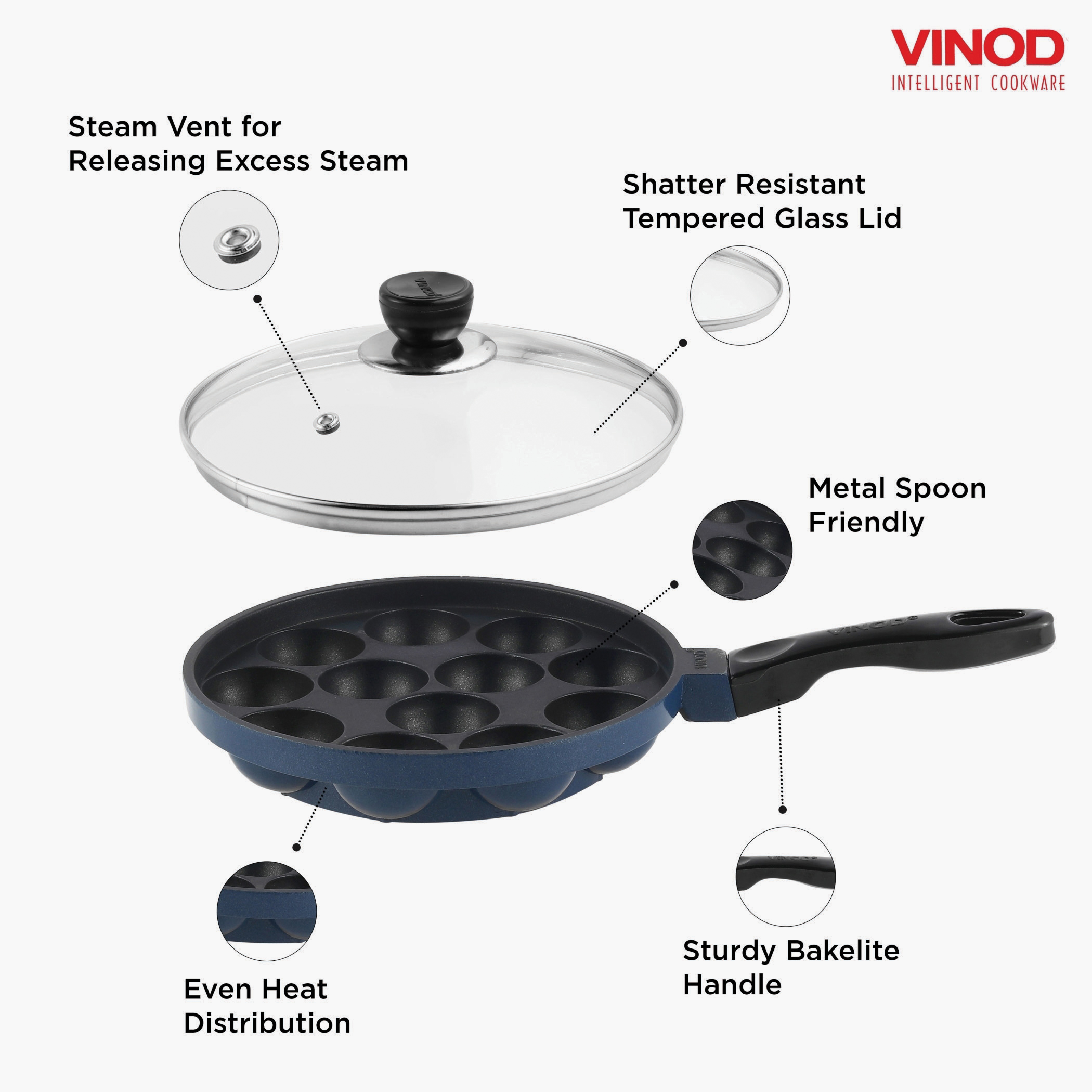 VINOD Zest Aluminium Non-Stick 12 Pits Paniyarakkal with Glass Lid - 20.5cm in Blue