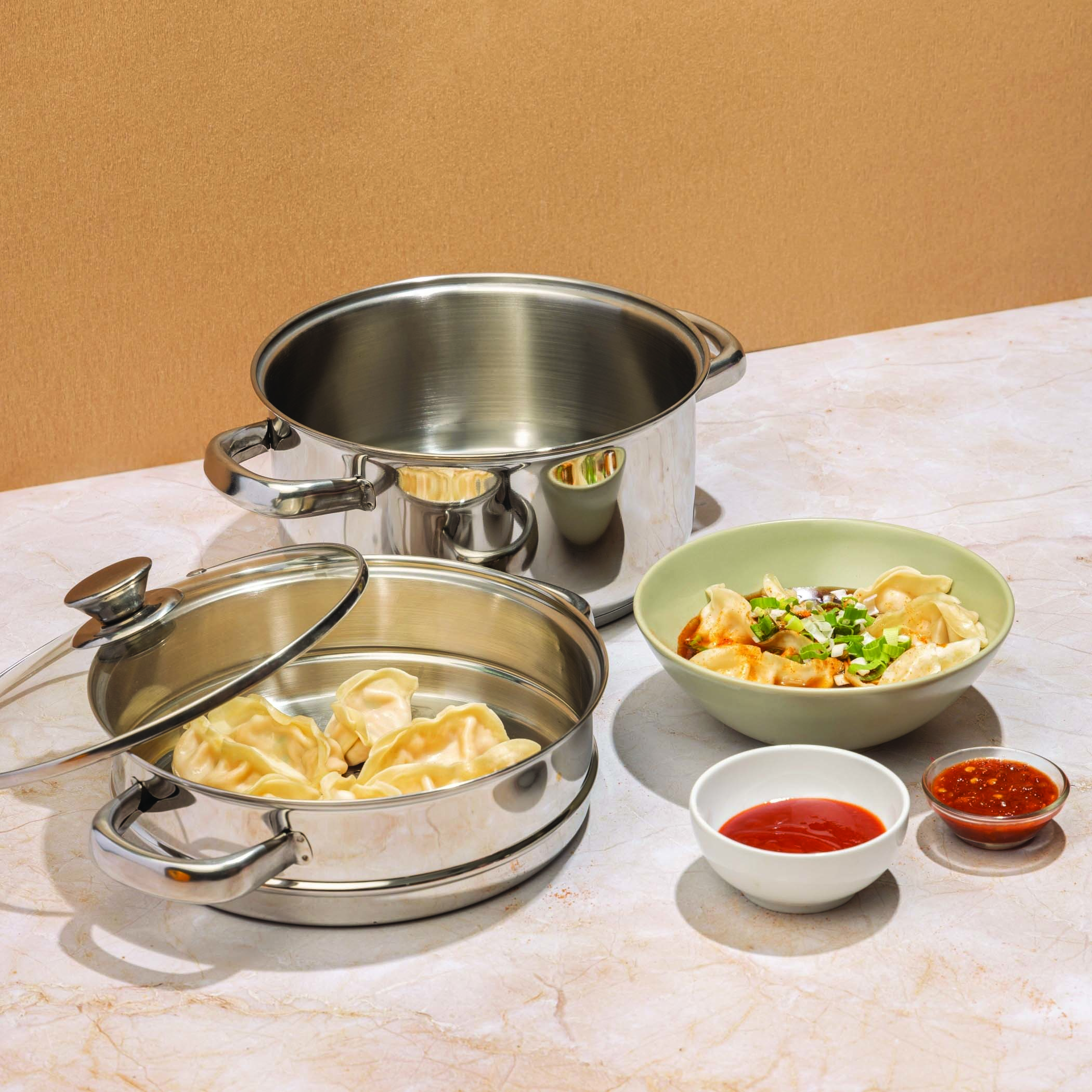VINOD Stainless Steel 2 Tier Steamer with Glass Lid - 18cm in Silver