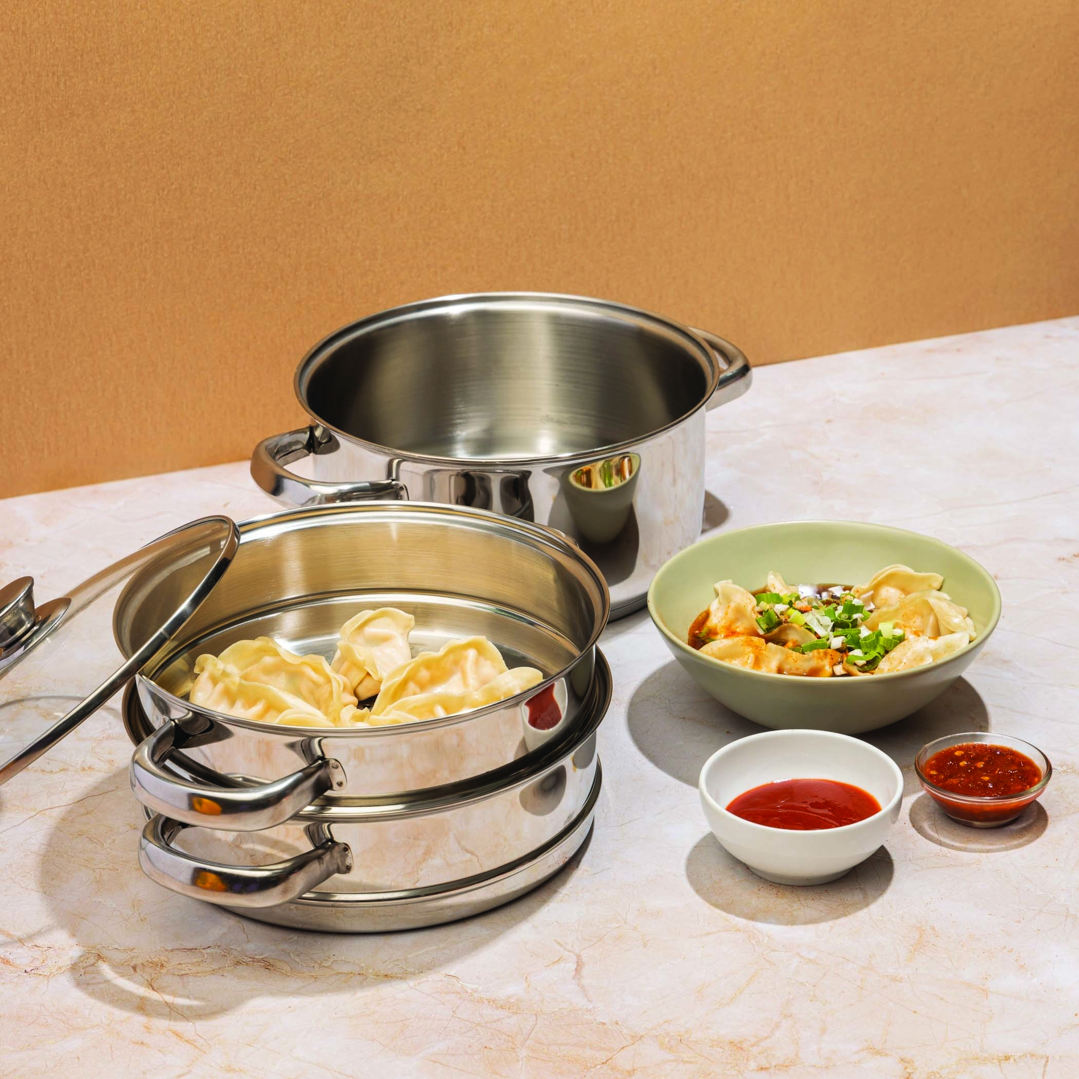 VINOD Stainless Steel 3 Tier Steamer with Glass Lid - 18cm in Silver