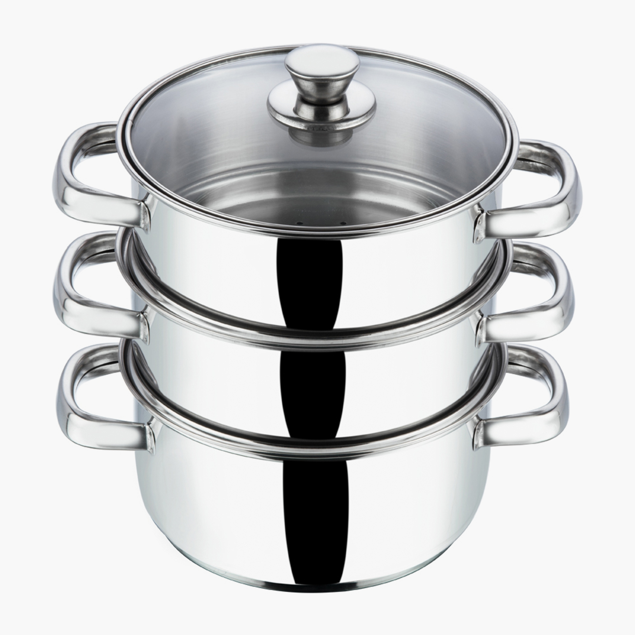 VINOD Stainless Steel 3 Tier Steamer with Glass Lid - 18cm in Silver