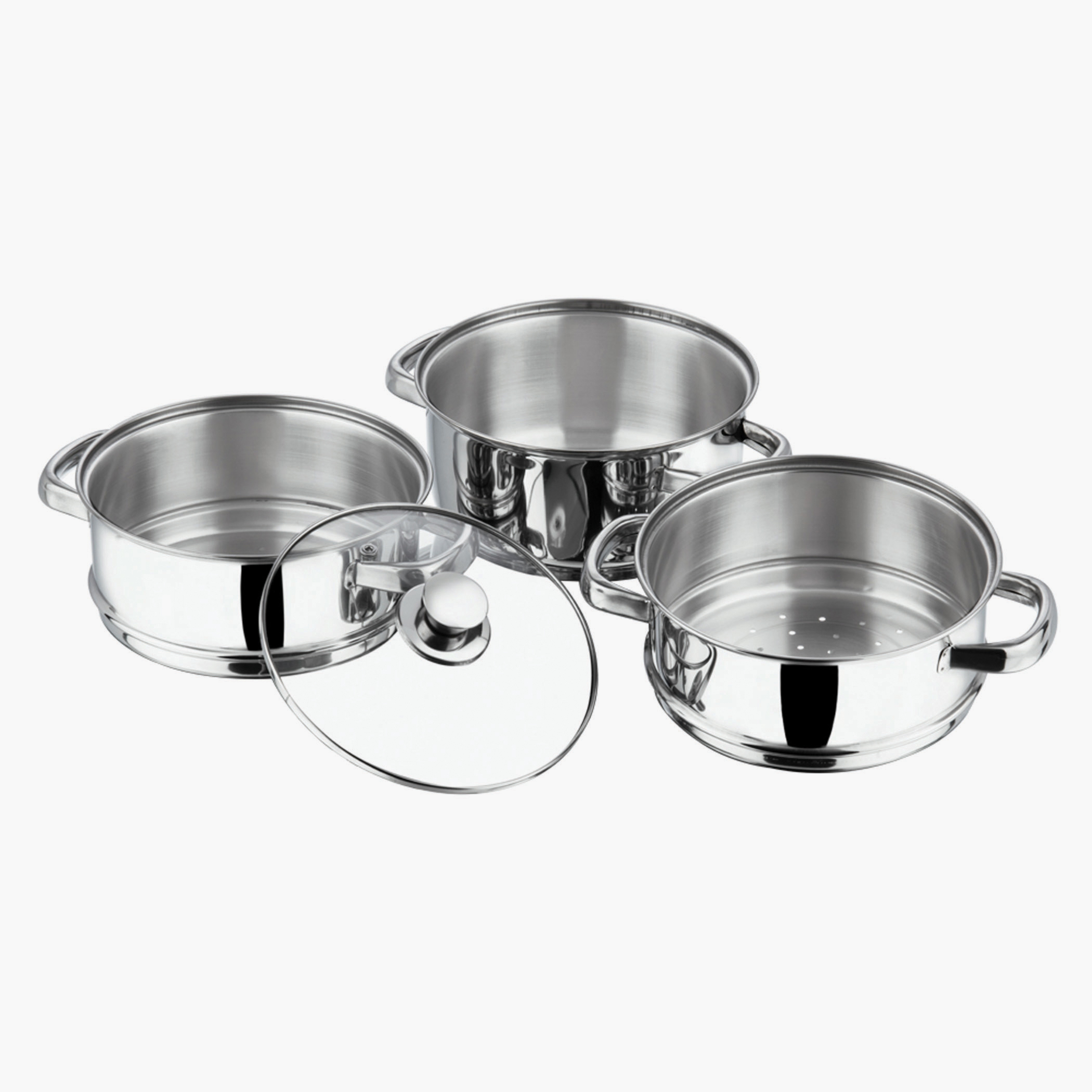 VINOD Stainless Steel 3 Tier Steamer with Glass Lid - 18cm in Silver