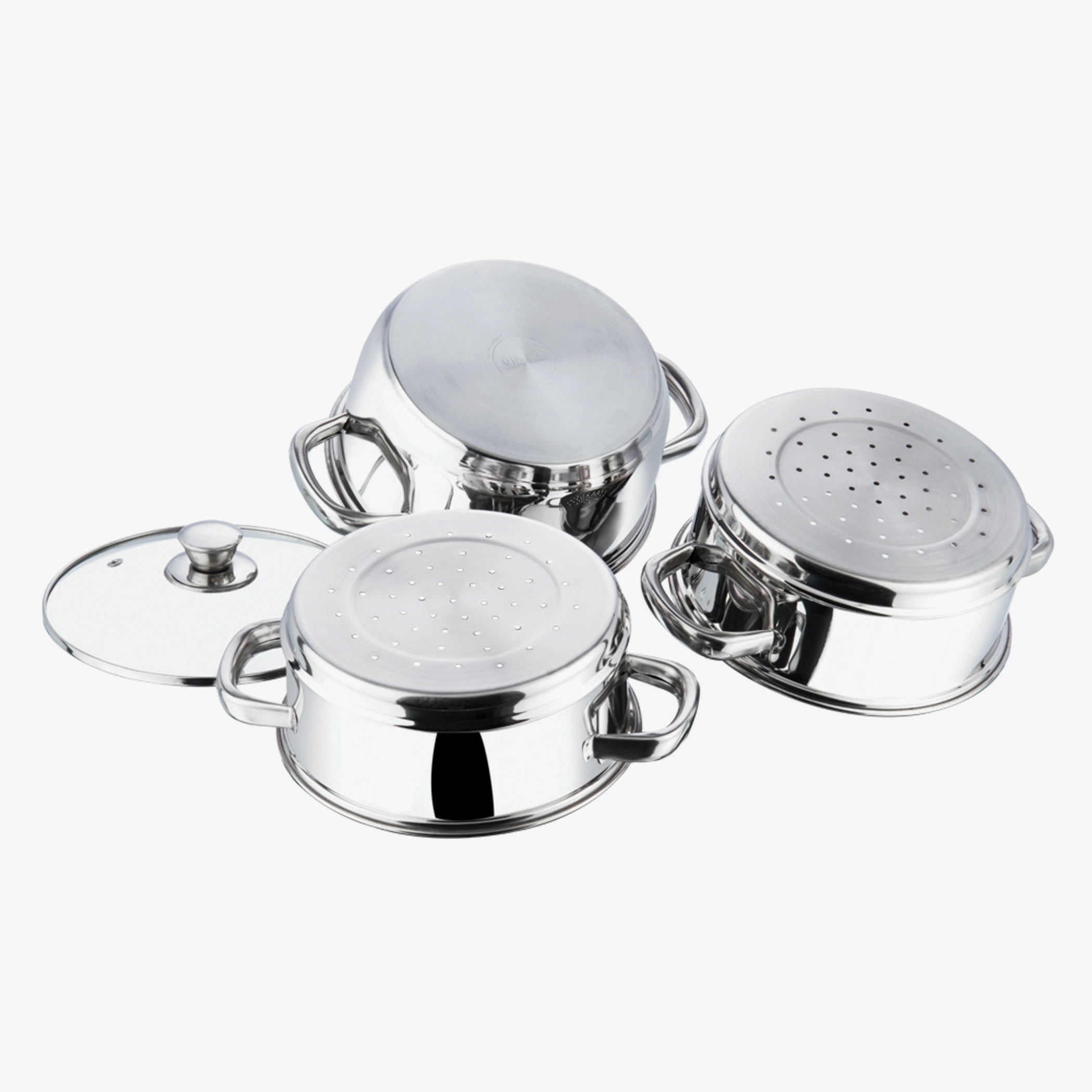 VINOD Stainless Steel 3 Tier Steamer with Glass Lid - 18cm in Silver