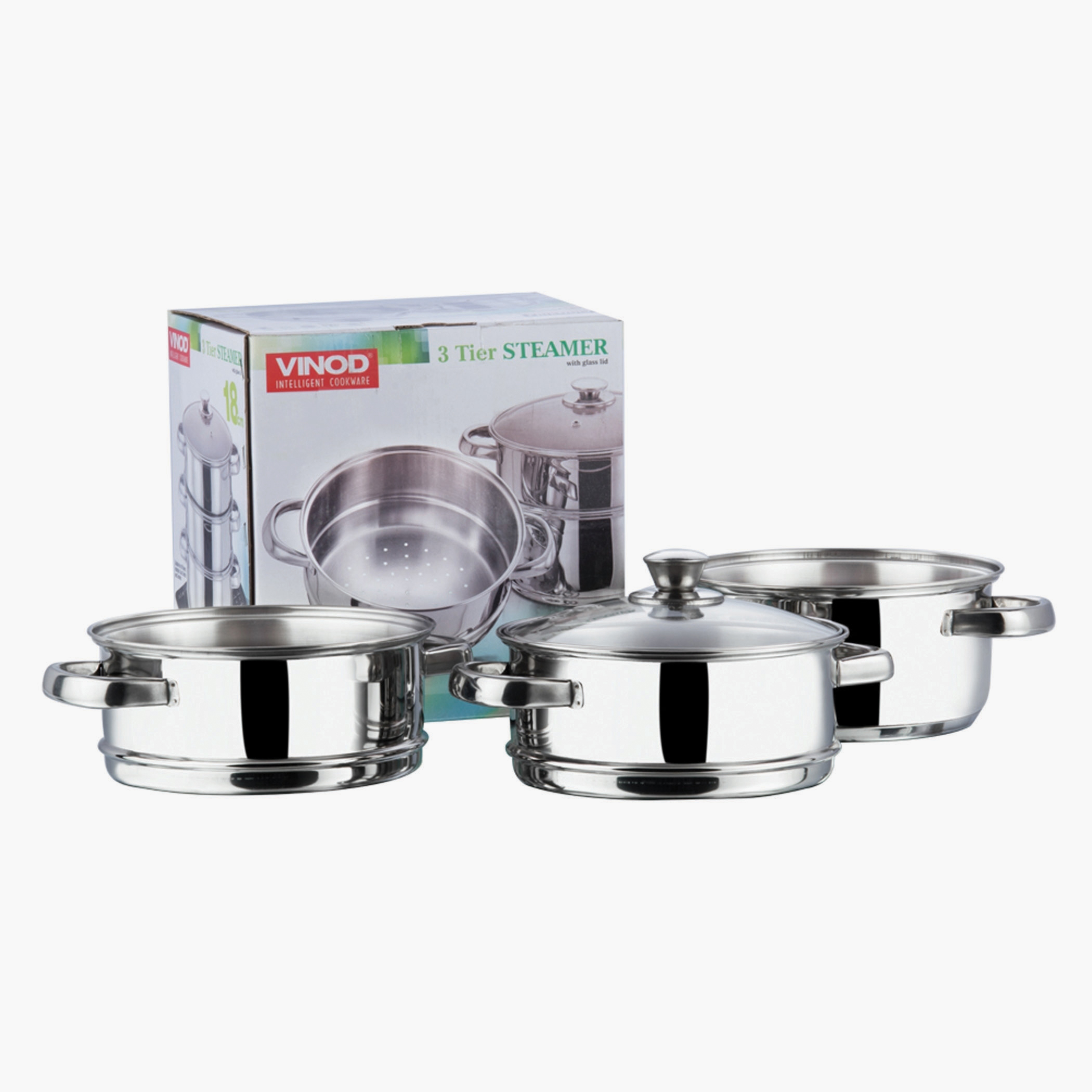 VINOD Stainless Steel 3 Tier Steamer with Glass Lid - 18cm in Silver