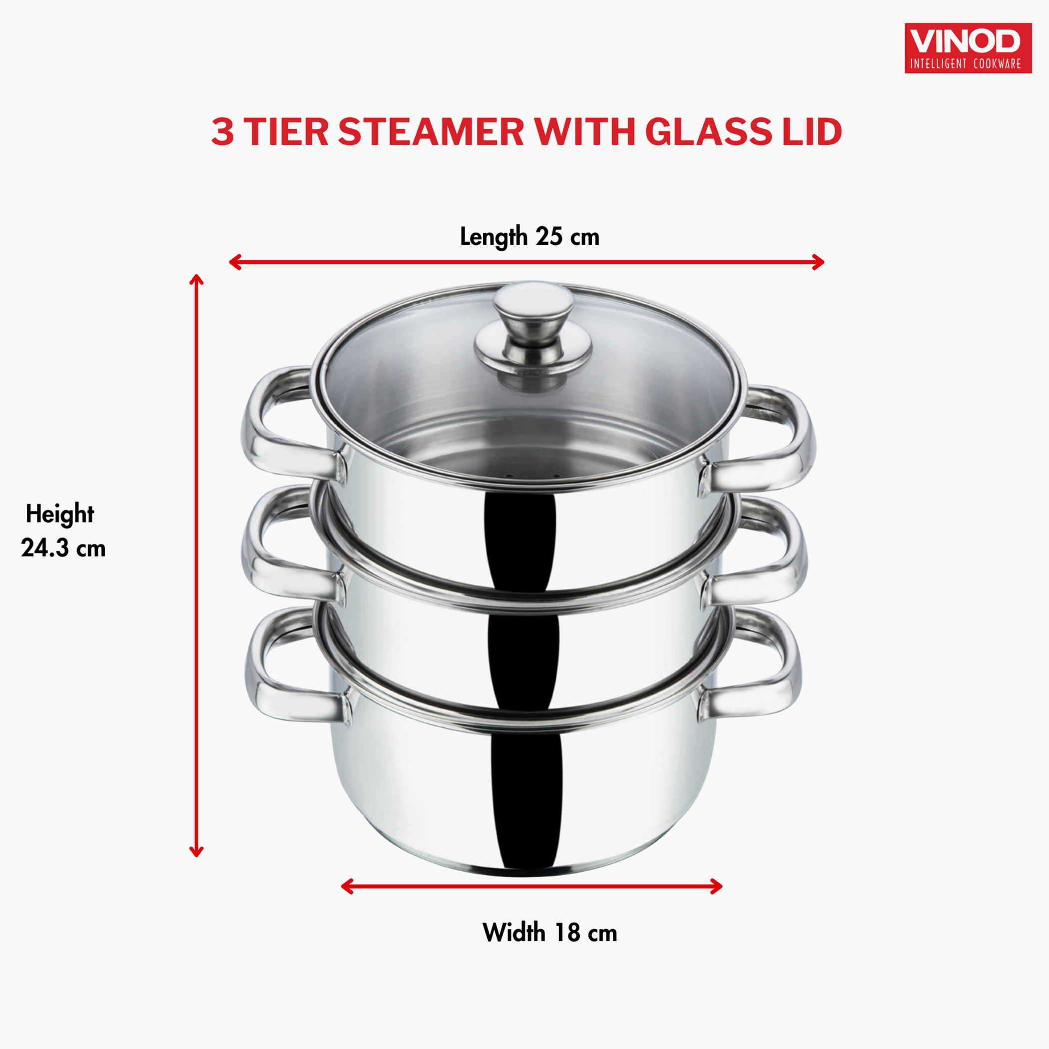 VINOD Stainless Steel 3 Tier Steamer with Glass Lid - 18cm in Silver