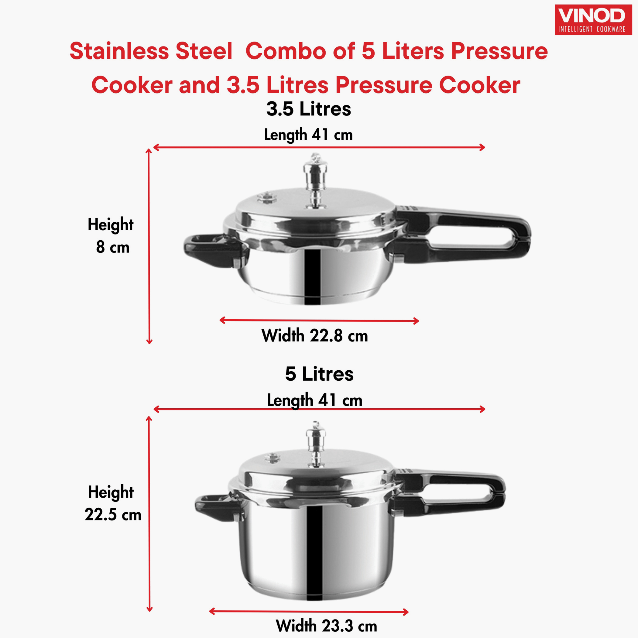 VINOD Set of 2 18/8 Stainless Steel Pressure Cooker 5L and Junior Pan Cooker 3.5L with Common Lid in Silver