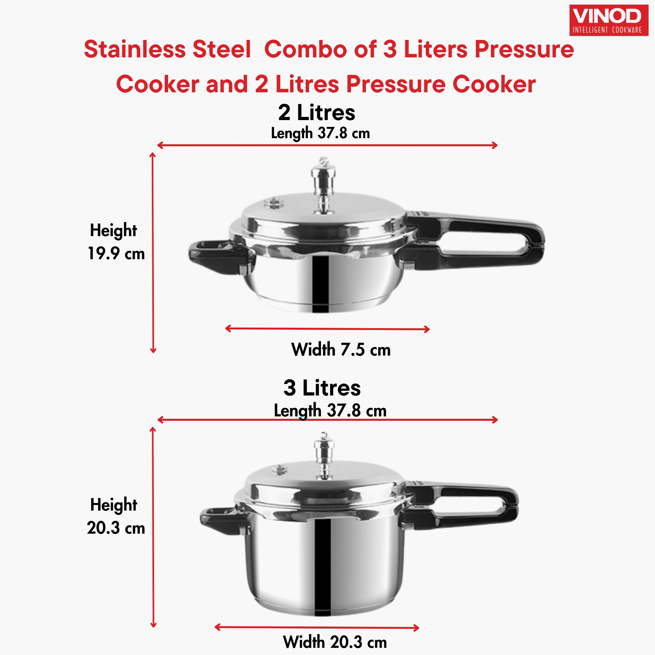 VINOD Set of 2 18/8 Stainless Steel Pressure Cooker 3L and Mini Pan Cooker 2L with Common Lid in Silver