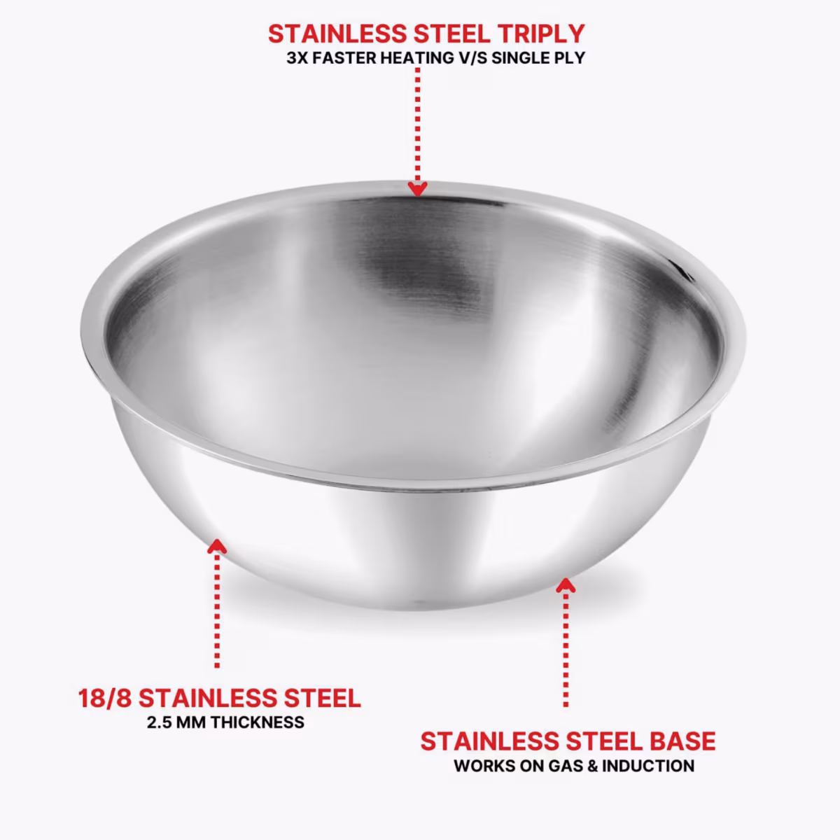 VINOD Platinum Triply Stainless Steel Deep Tasla - 22cm, 2.4L in Silver