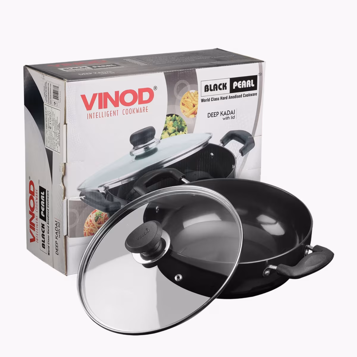 VINOD Aluminium Hard Anodized Deep Kadai with Glass Lid - 24cm, 3.1L in Black