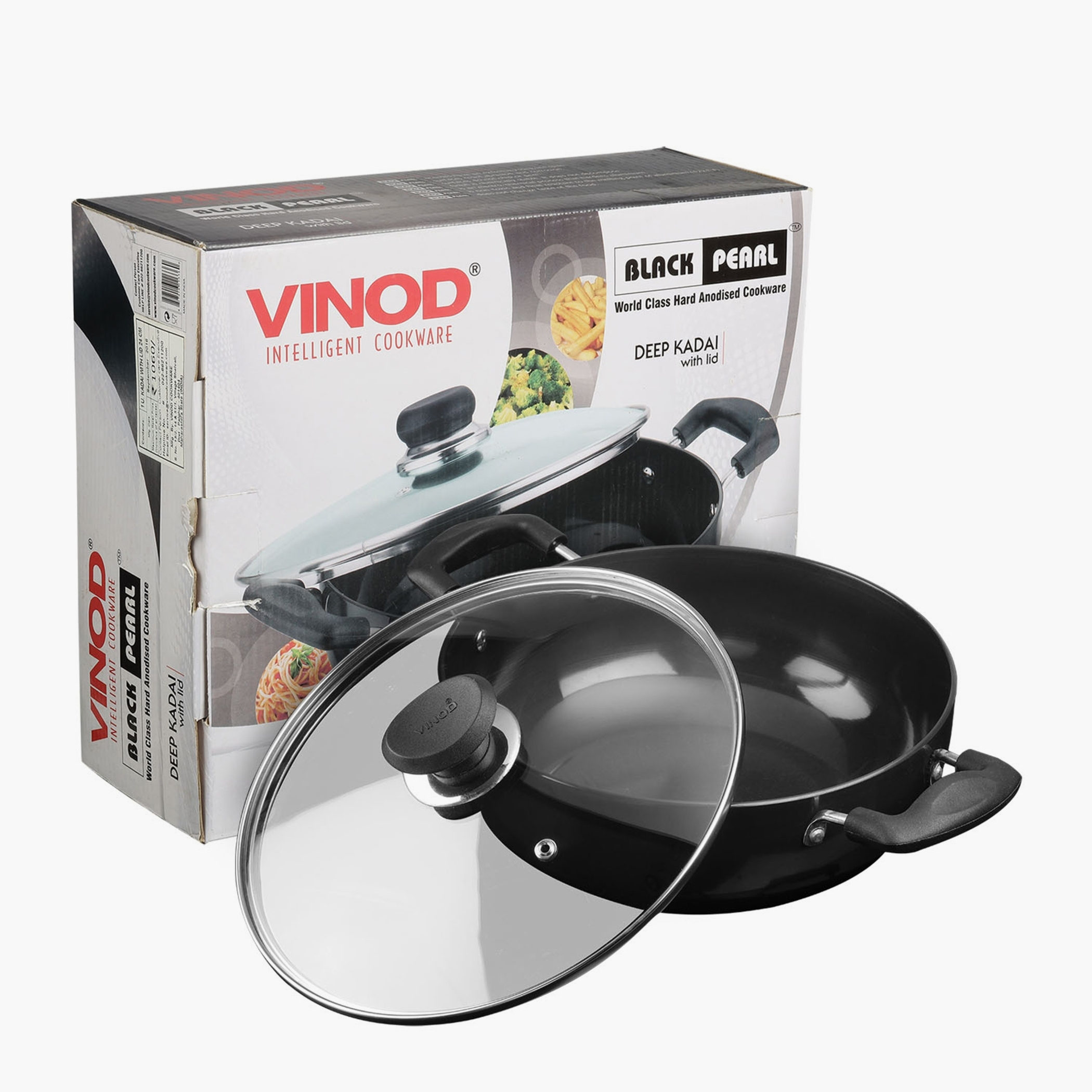 VINOD Aluminium Hard Anodized Deep Kadai with Glass Lid - 24cm, 3.1L in Black