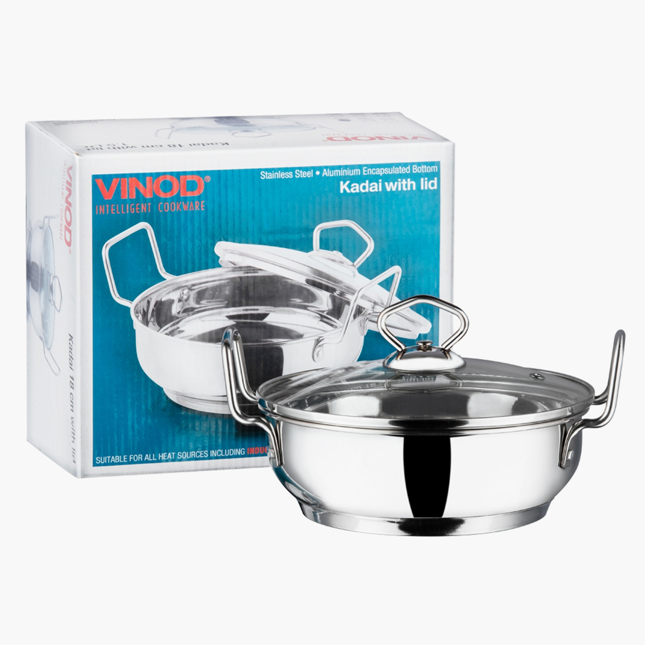 VINOD Stainless Steel Kadai with Glass Lid - 20cm, 1.7L in Silver