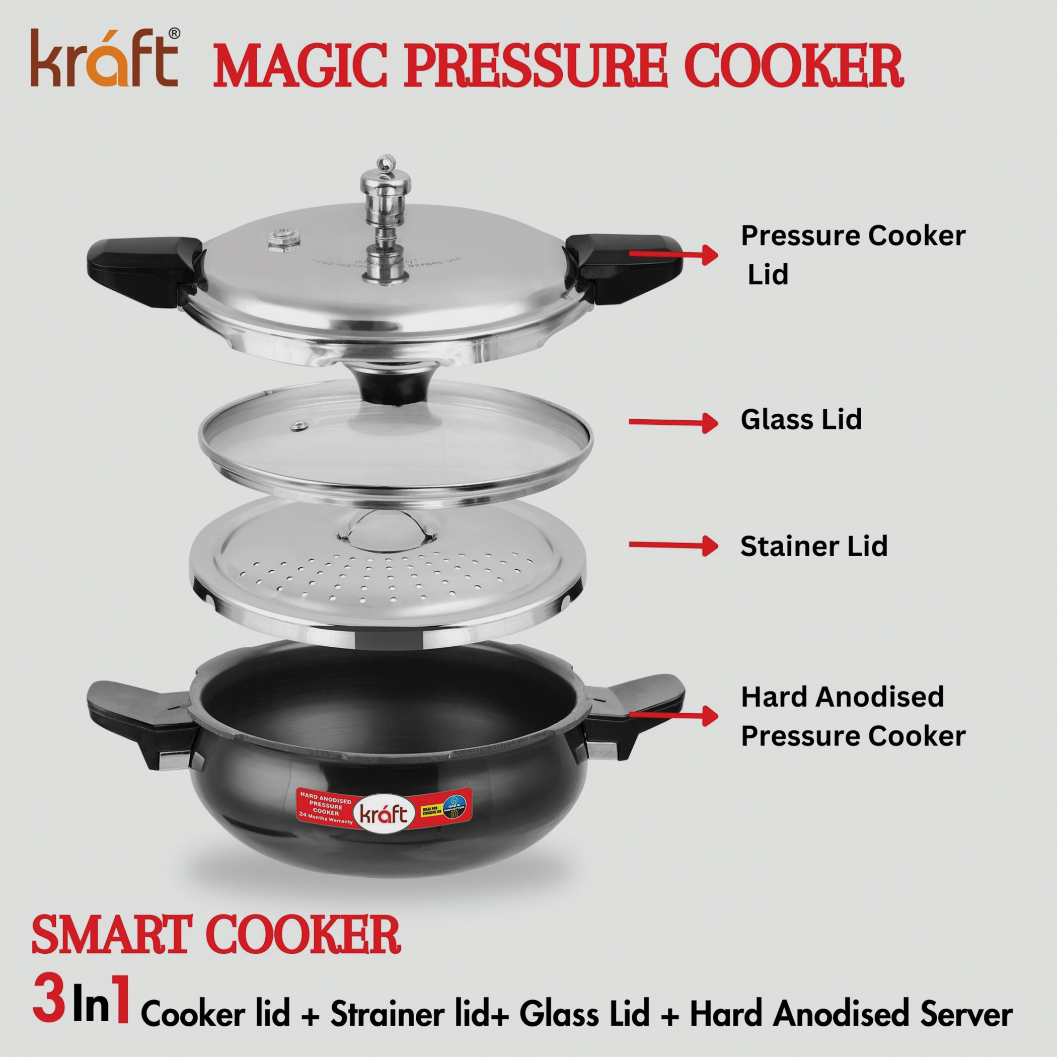 VINOD Magic Aluminium Hard Anodized Pressure Cooker with 3 Lids - 3.5L in Black