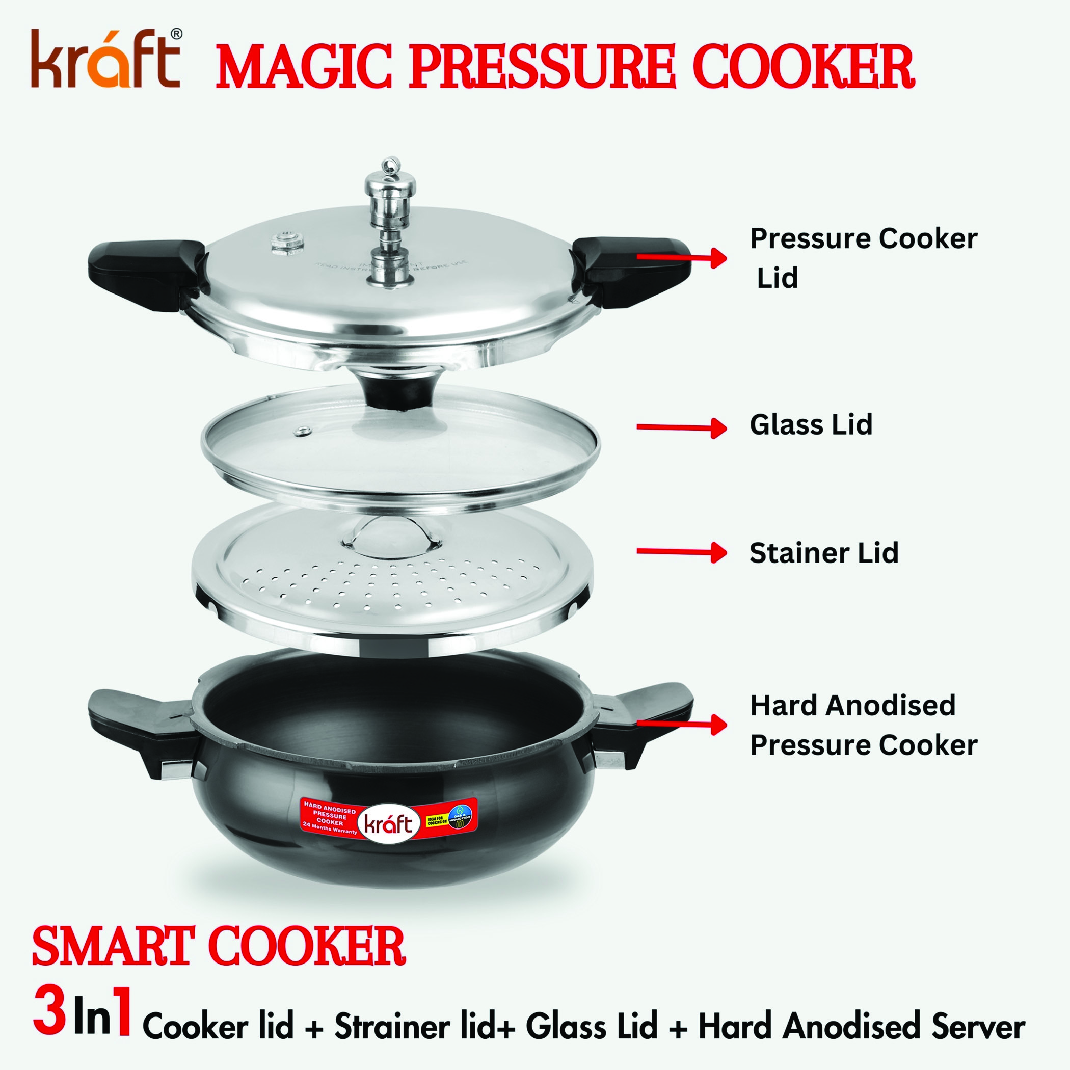 VINOD Magic Aluminium Hard Anodized Pressure Cooker with 3 Lids - 5.5L in Black