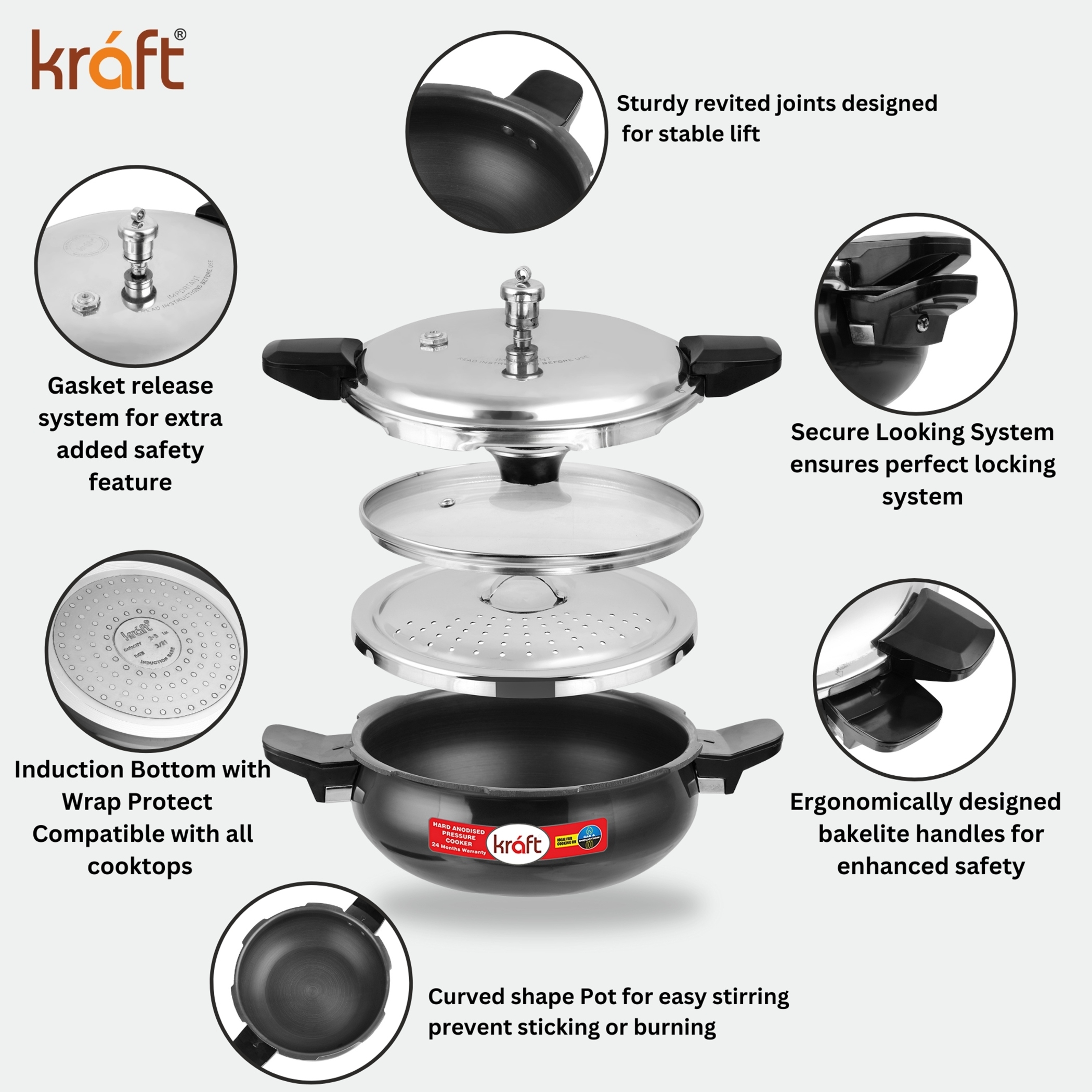 VINOD Magic Aluminium Hard Anodized Pressure Cooker with 3 Lids - 5.5L in Black