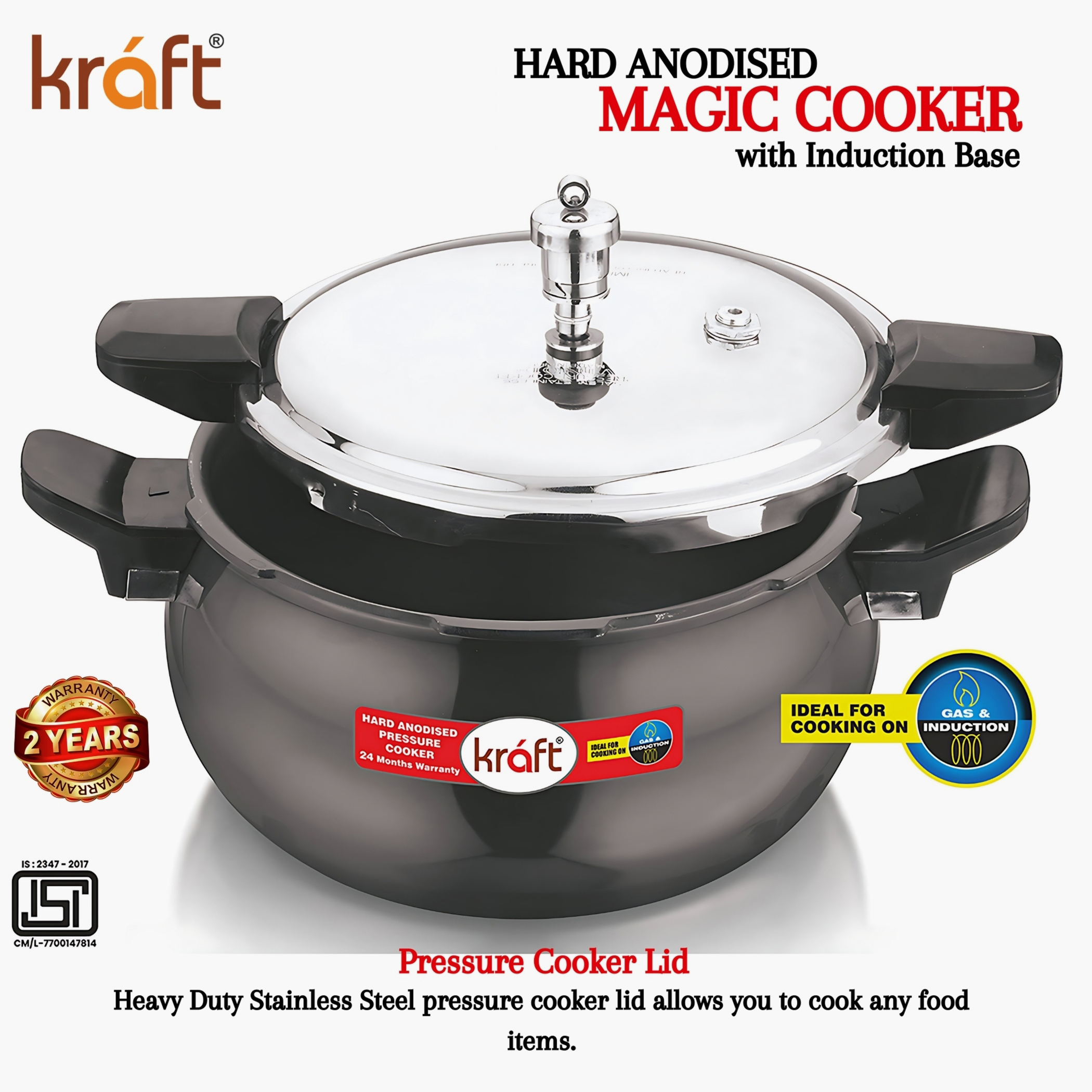 VINOD Magic Aluminium Hard Anodized Pressure Cooker with 3 Lids - 5.5L in Black