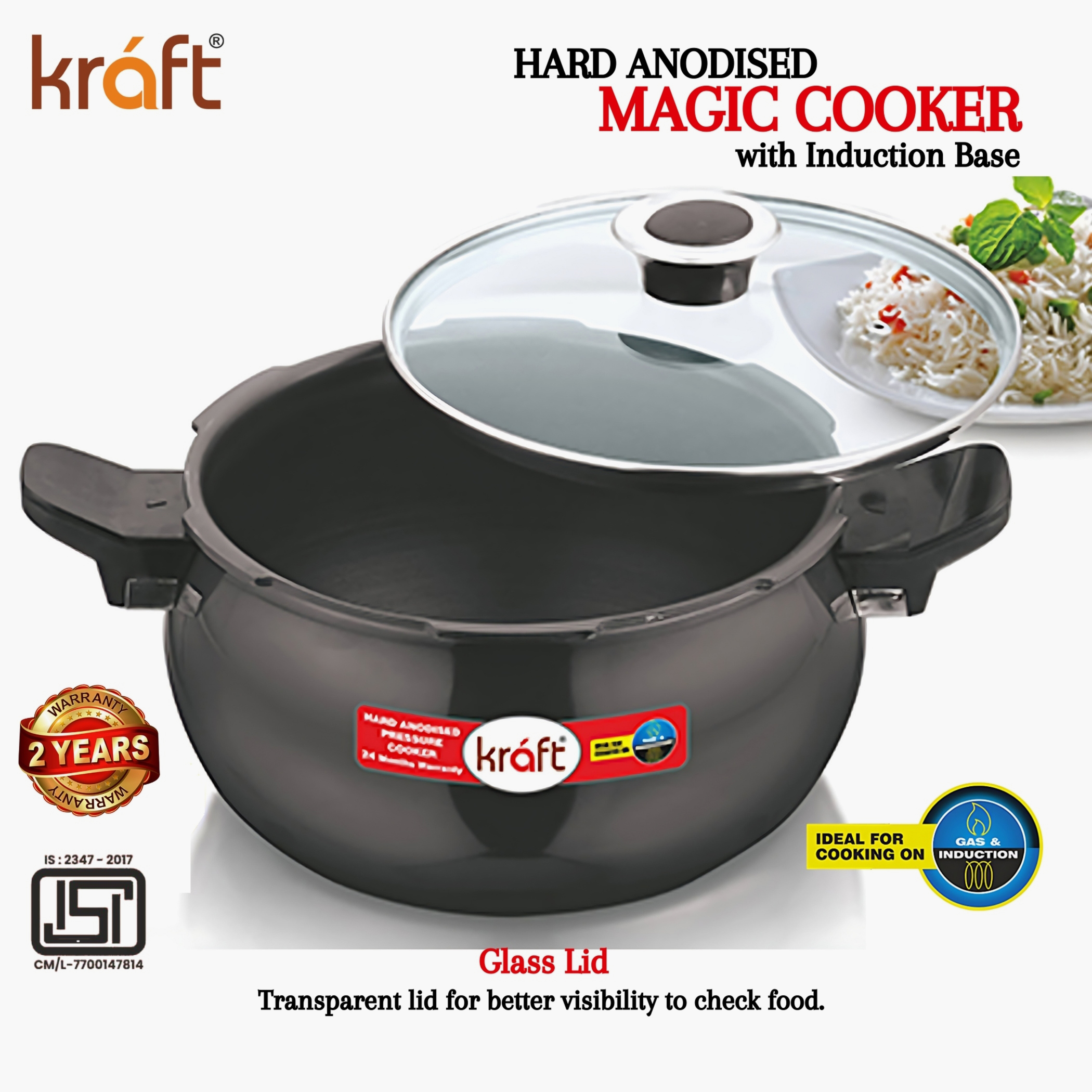 VINOD Magic Aluminium Hard Anodized Pressure Cooker with 3 Lids - 5.5L in Black