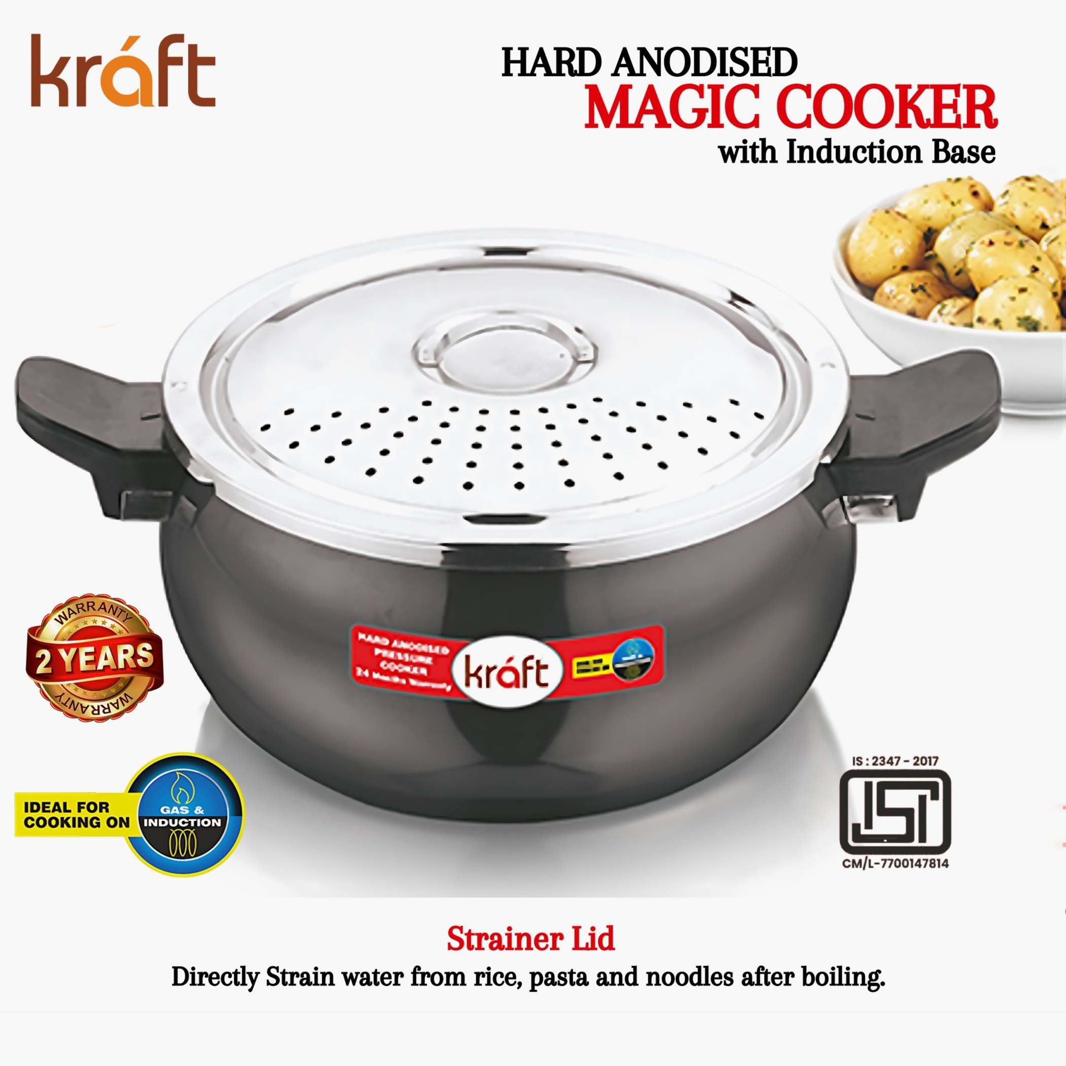 VINOD Magic Aluminium Hard Anodized Pressure Cooker with 3 Lids - 5.5L in Black