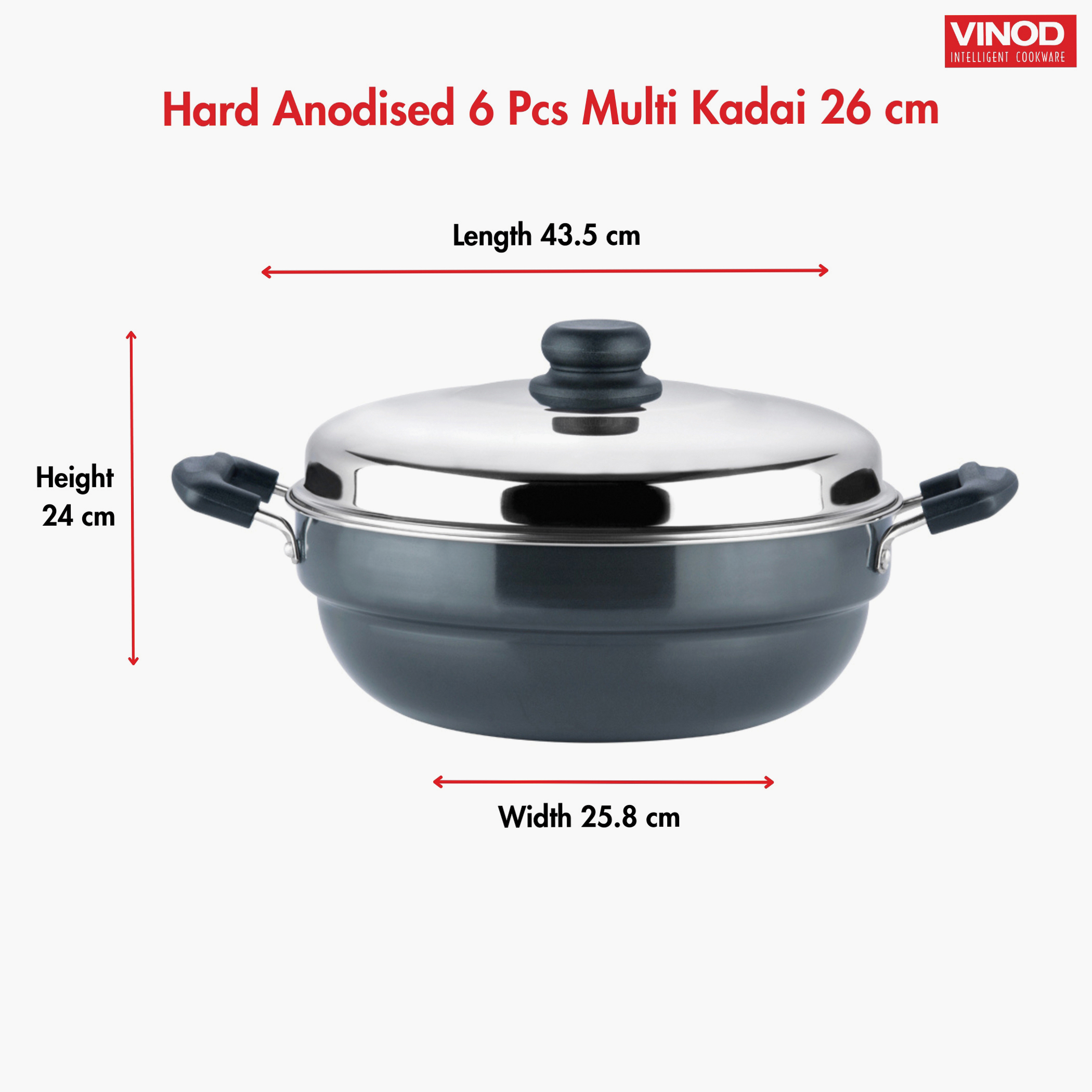 VINOD 6Pcs Aluminium Hard Anodized Multi Kadai in Black