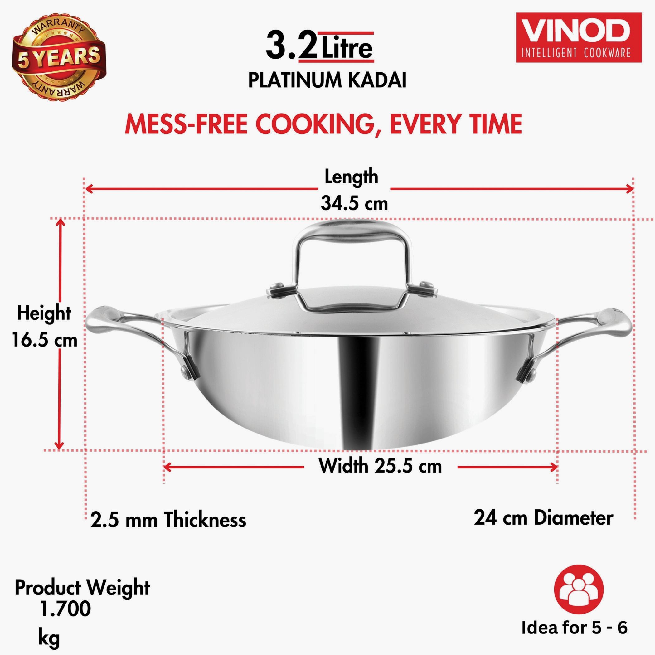 VINOD Platinum Triply Stainless Steel Deep Kadai with Glass Lid - 24cm, 3.2L in Silver