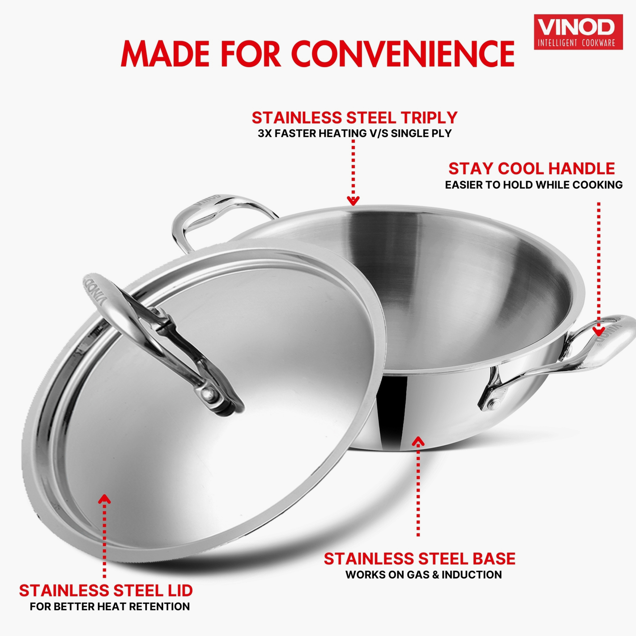 VINOD Platinum Triply Stainless Steel Deep Kadai with Glass Lid - 24cm, 3.2L in Silver