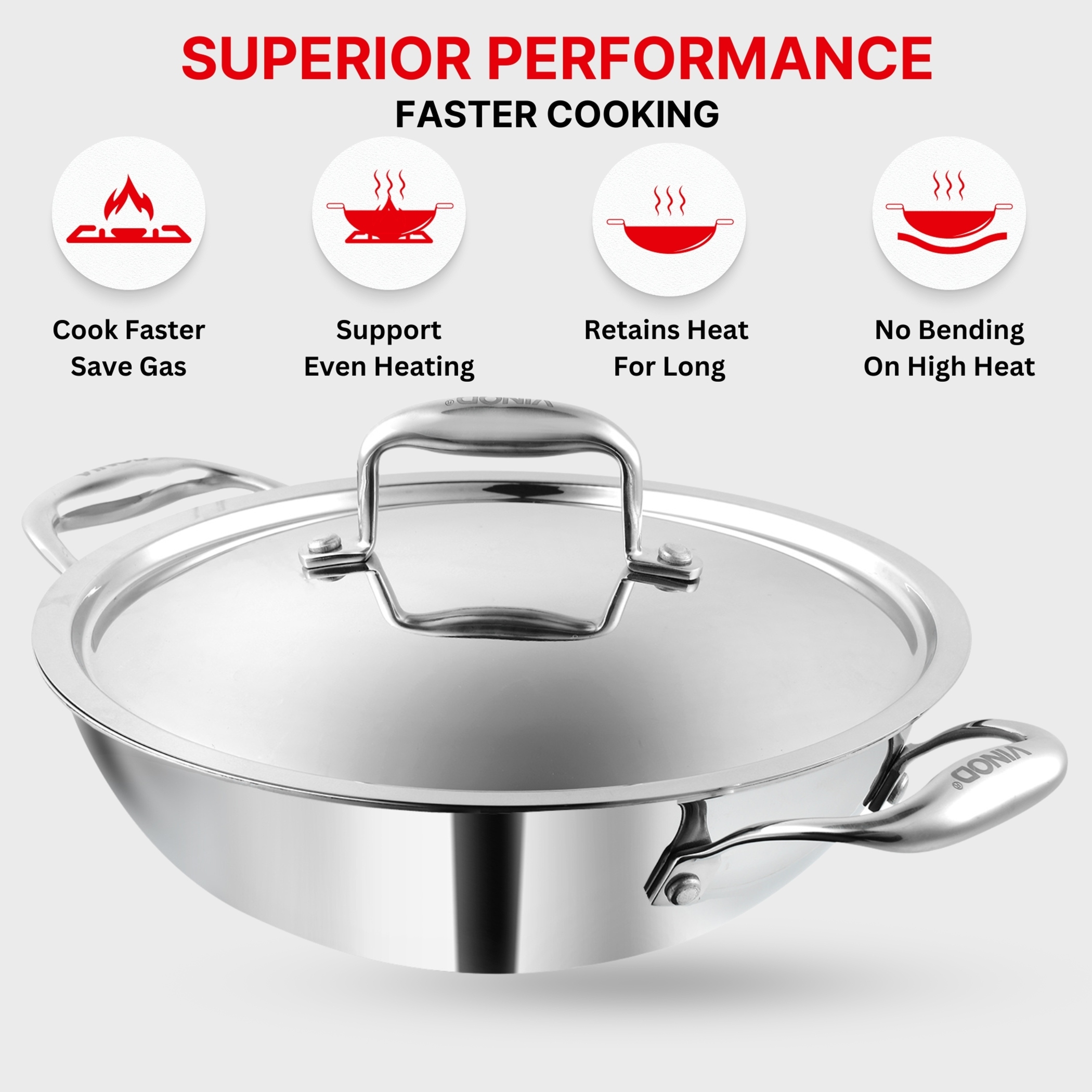 VINOD Platinum Triply Stainless Steel Deep Kadai with Glass Lid - 24cm, 3.2L in Silver
