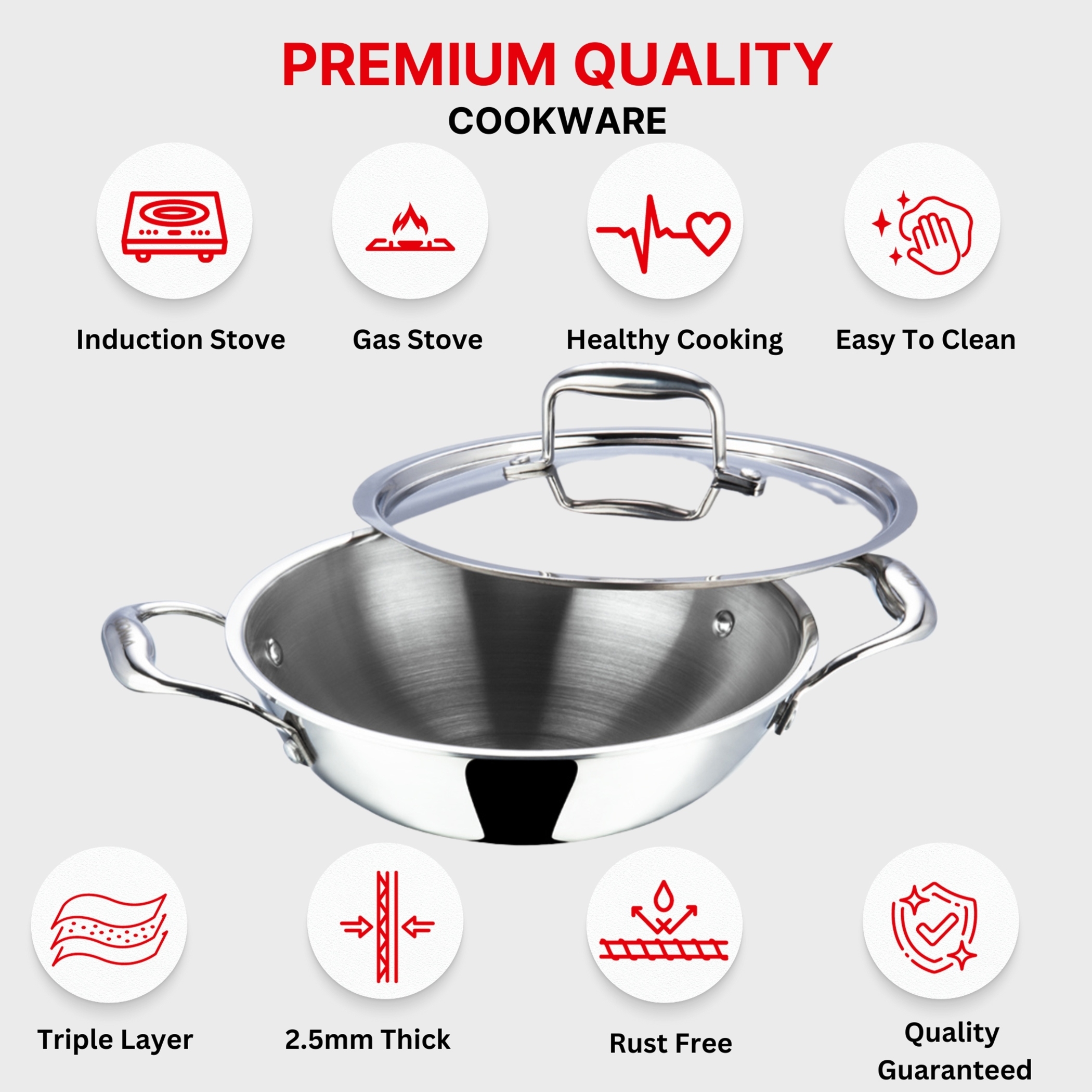 VINOD Platinum Triply Stainless Steel Deep Kadai with Glass Lid - 24cm, 3.2L in Silver