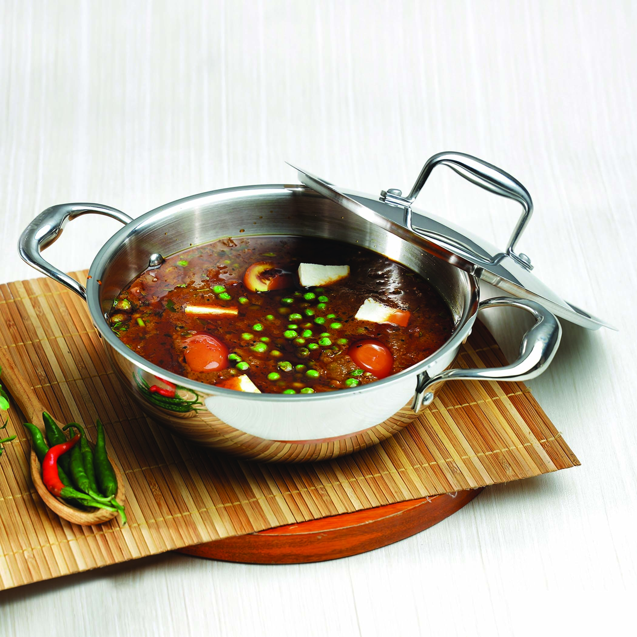 VINOD Platinum Triply Stainless Steel Deep Kadai with Glass Lid - 26cm, 3.7L in Silver