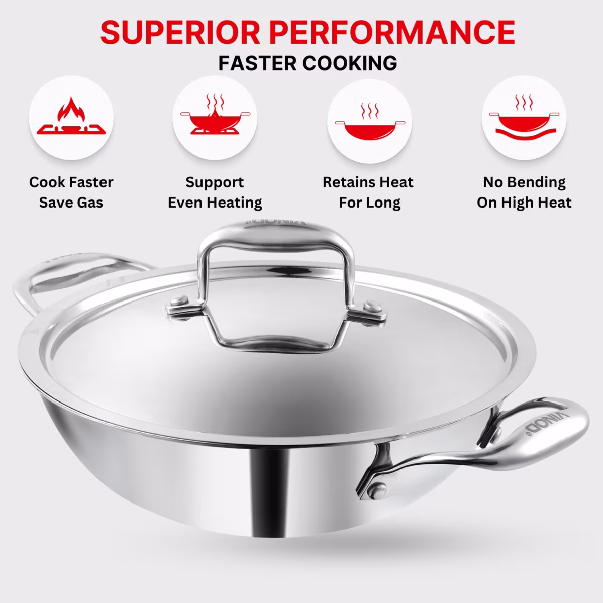 VINOD Platinum Triply Stainless Steel Deep Kadai with Glass Lid - 26cm, 3.7L in Silver