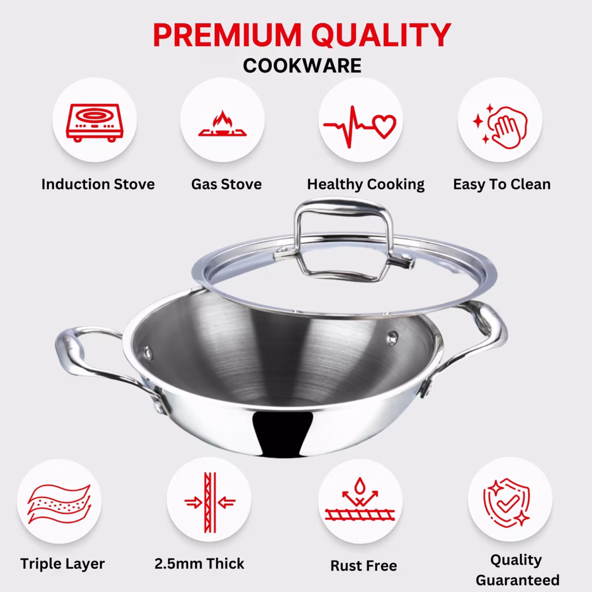 VINOD Platinum Triply Stainless Steel Deep Kadai with Glass Lid - 26cm, 3.7L in Silver