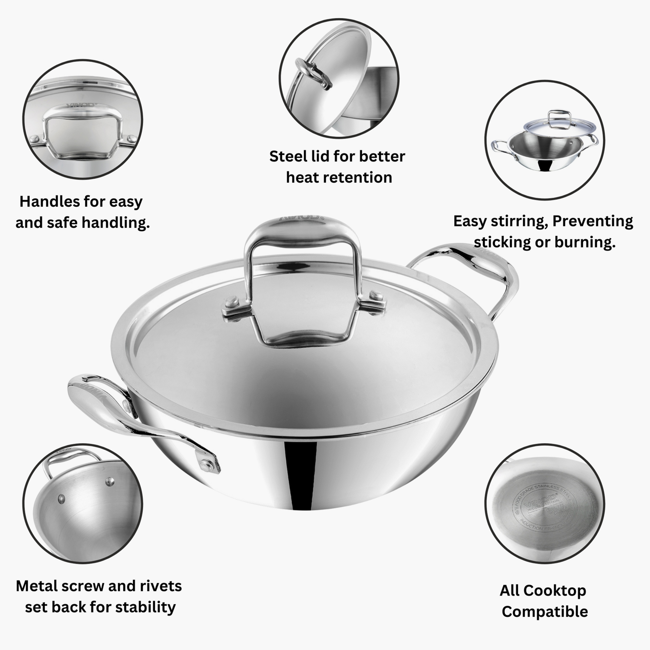 VINOD Platinum Triply Stainless Steel Deep Kadai with Glass Lid - 26cm, 3.7L in Silver