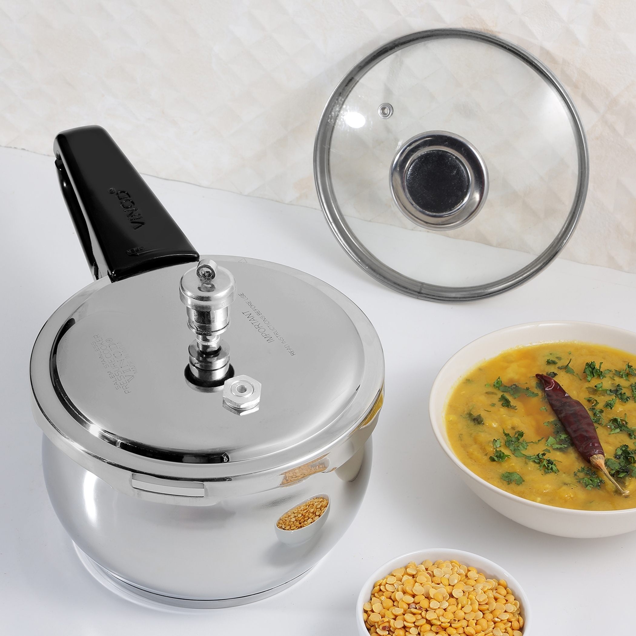 VINOD Splendid Plus 18/8 Stainless Steel Handi Pressure Cooker with Extra Glass Lid - 1.5L in Silver