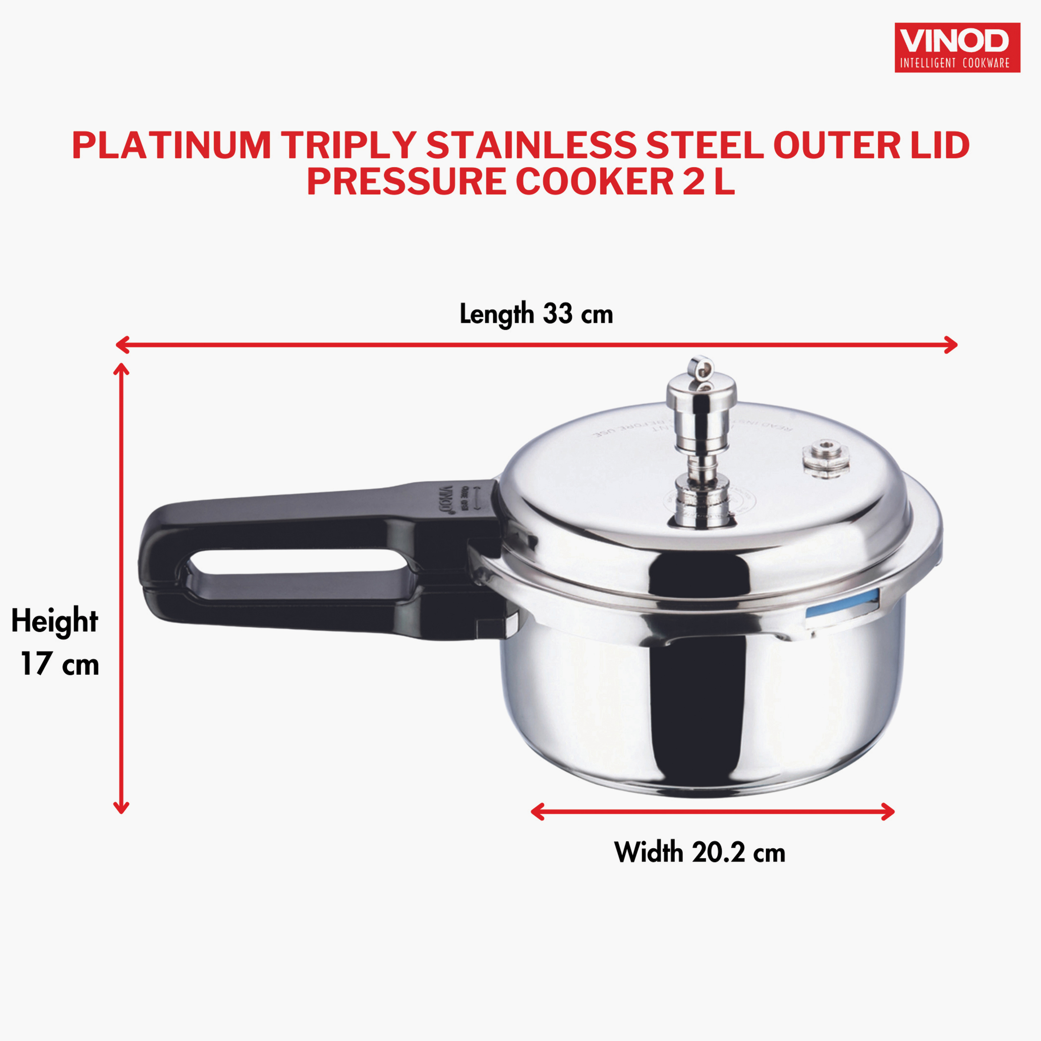 VINOD Platinum Triply Stainless Steel Pressure Cooker - 2L in Silver