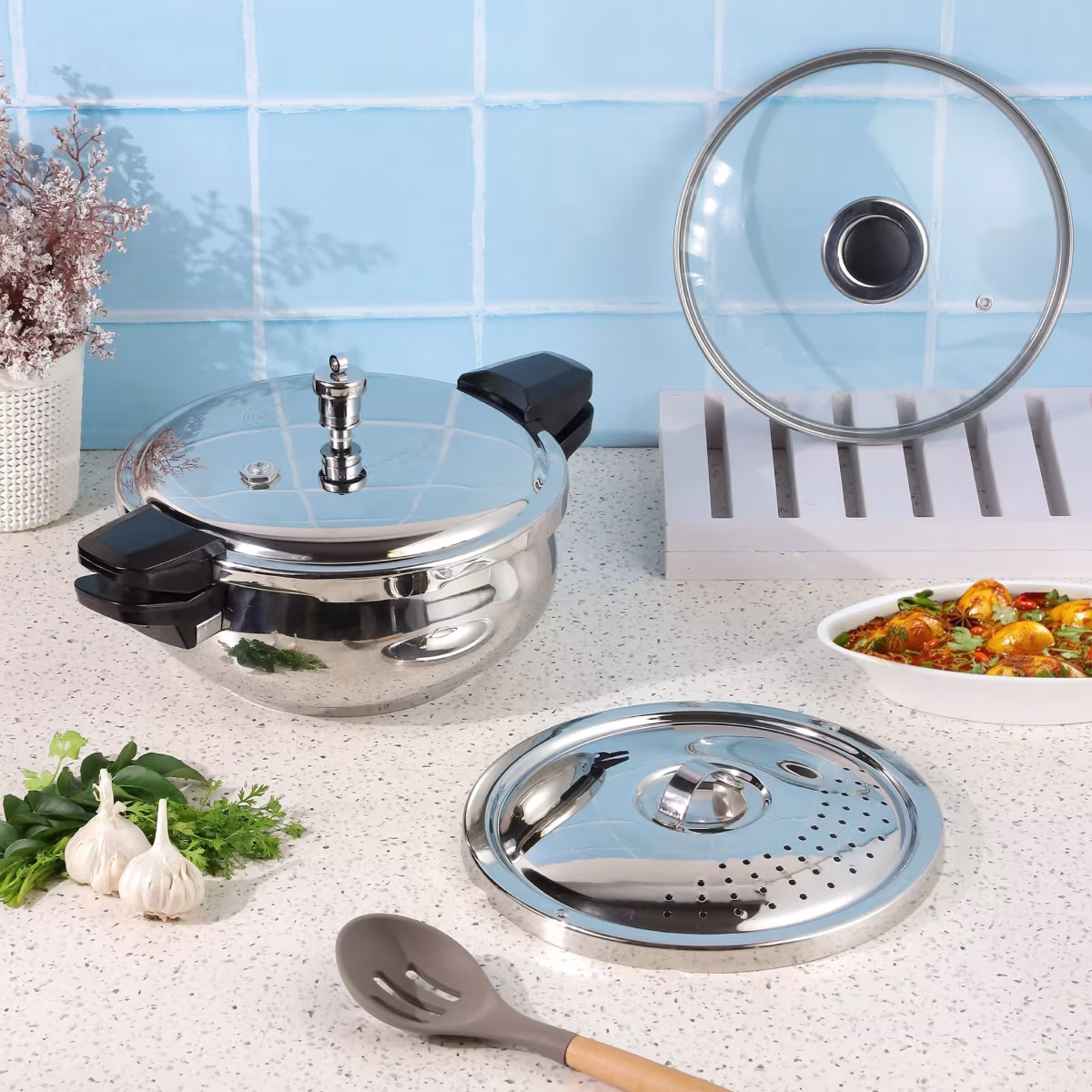 VINOD Magic 18/8 Stainless Steel Pressure Cooker with 3 Lids - 3.5L in Silver