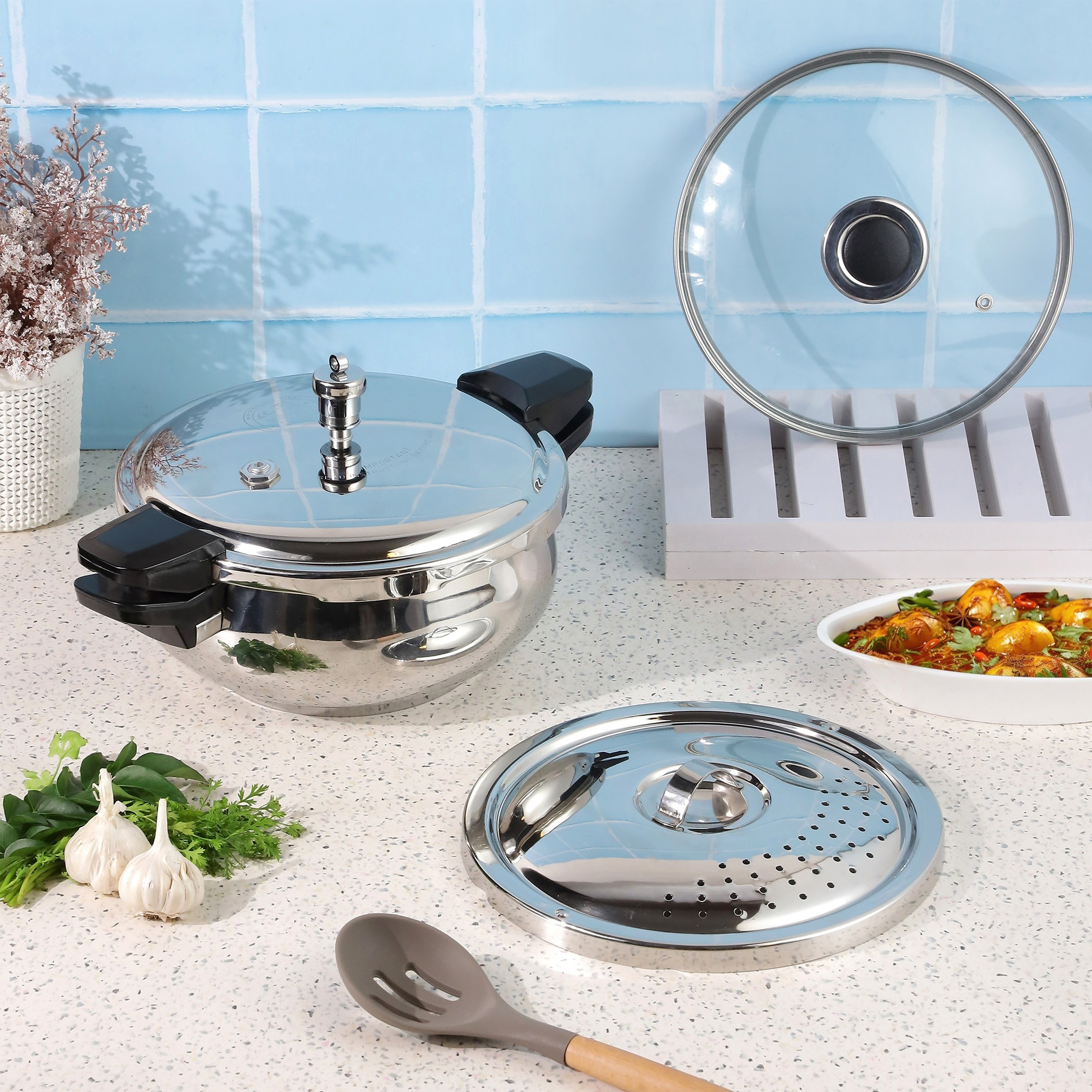 VINOD Magic 18/8 Stainless Steel Pressure Cooker with 3 Lids - 3.5L in Silver