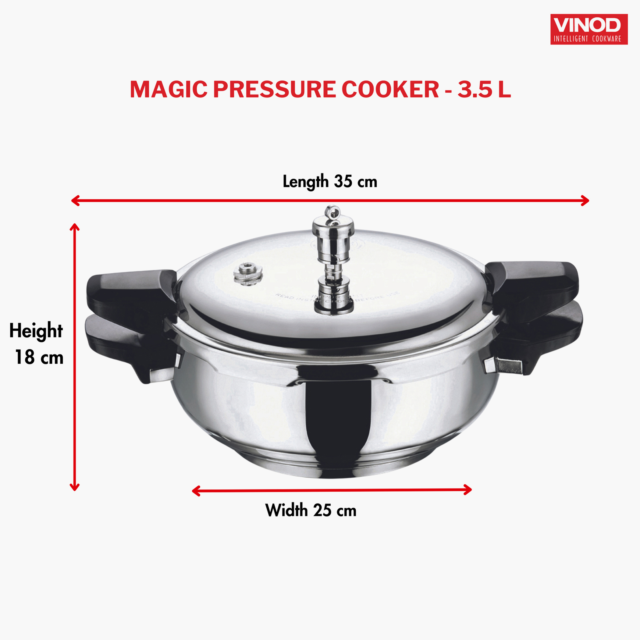 VINOD Magic 18/8 Stainless Steel Pressure Cooker with 3 Lids - 3.5L in Silver