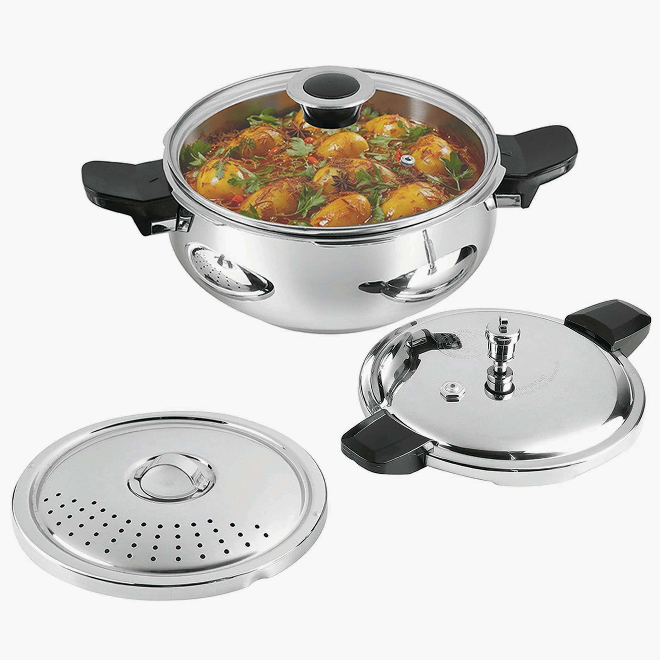 VINOD Magic 18/8 Stainless Steel Pressure Cooker with 3 Lids - 5.5L in Silver