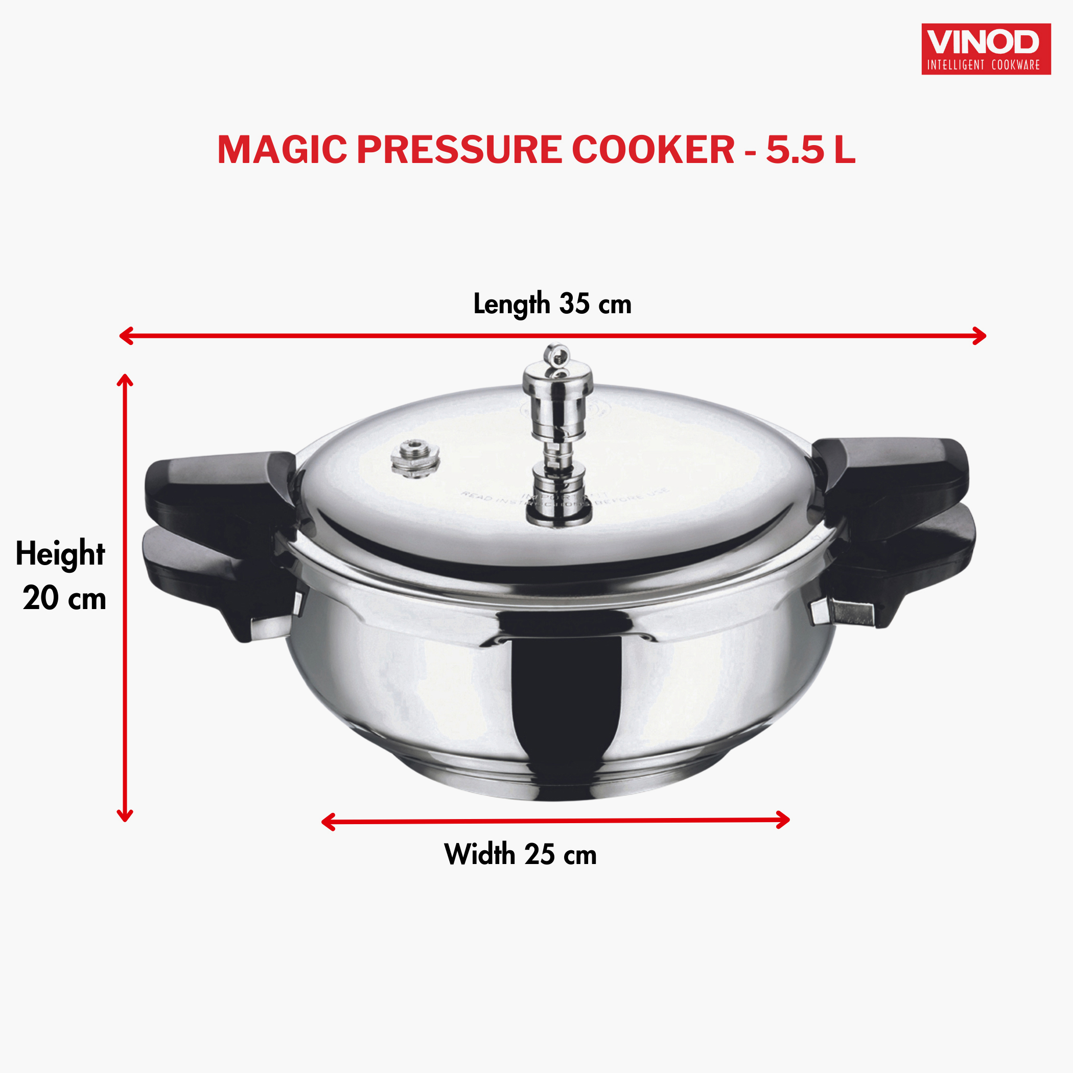 VINOD Magic 18/8 Stainless Steel Pressure Cooker with 3 Lids - 5.5L in Silver