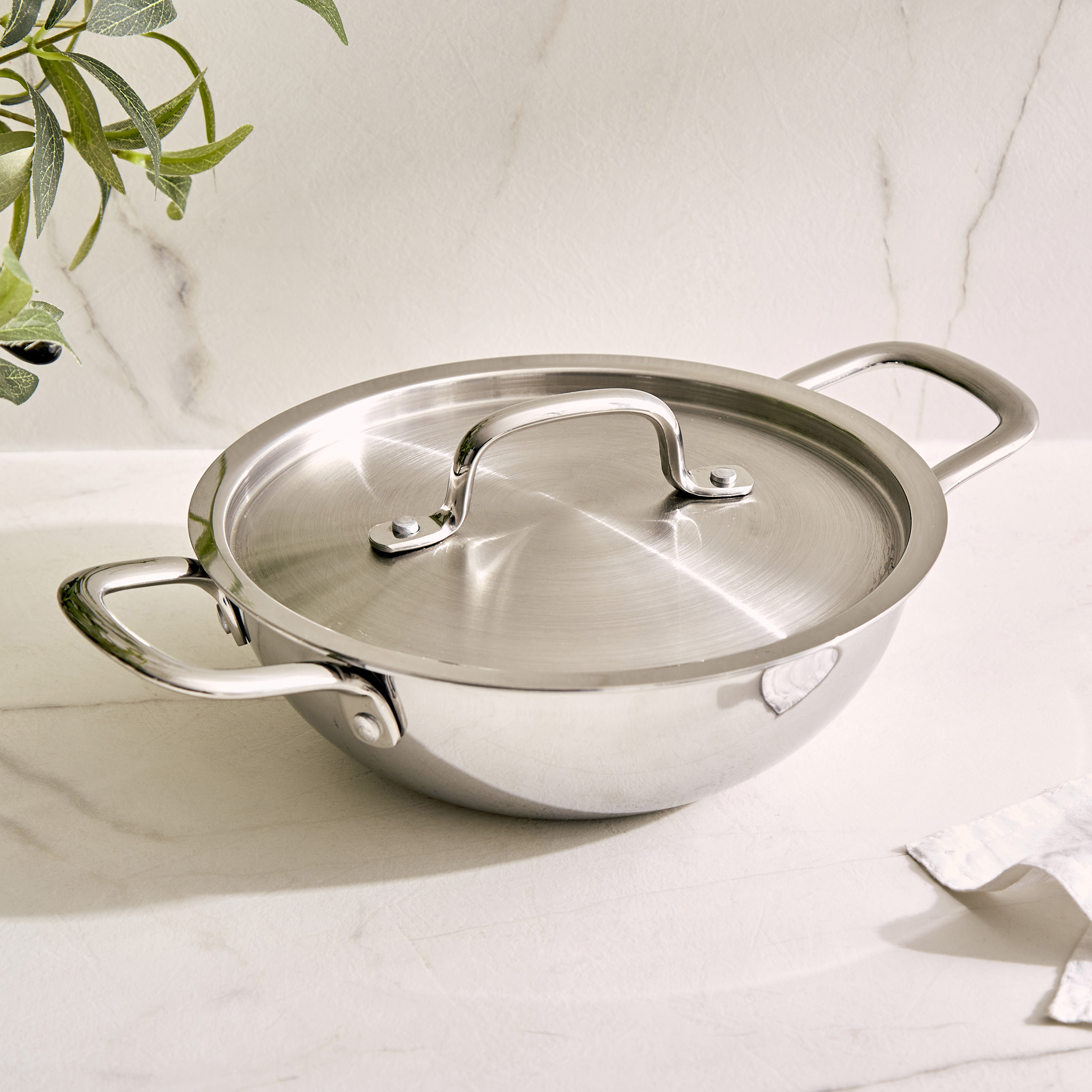 Valeria Carin Tri-Ply Stainless Steel Induction Compatible Kadhai with Lid - 1.6L in Silver