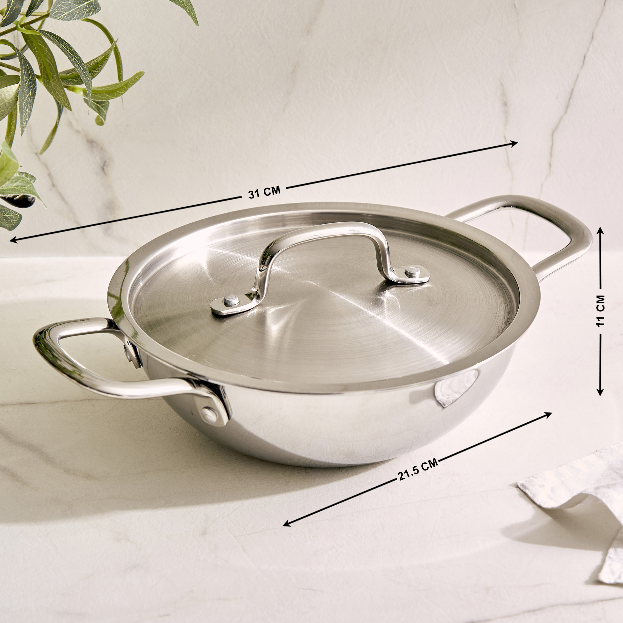Valeria Carin Tri-Ply Stainless Steel Induction Compatible Kadhai with Lid - 1.6L in Silver