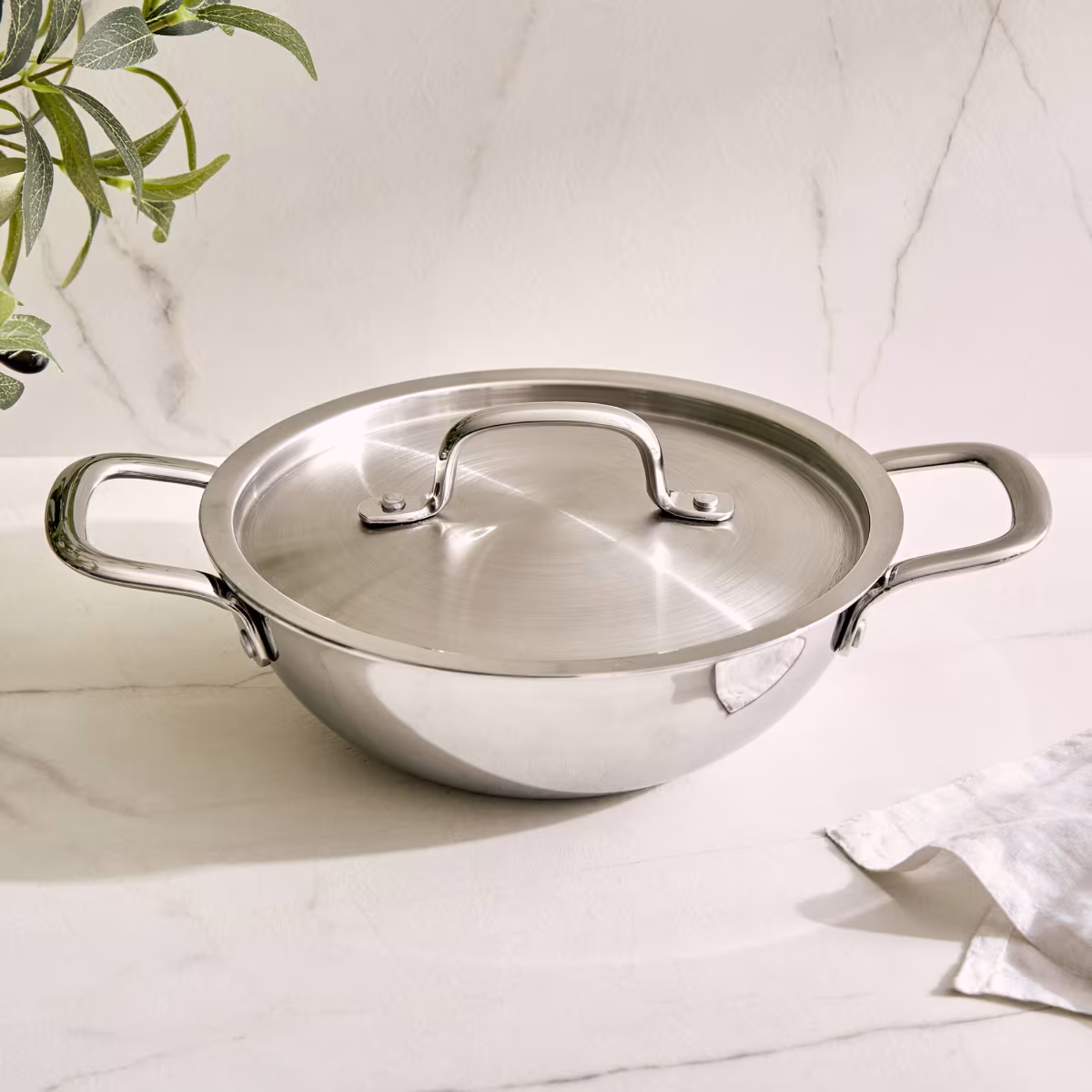 Valeria Carin Tri-Ply Stainless Steel Induction Compatible Kadhai with Lid - 1.6L in Silver