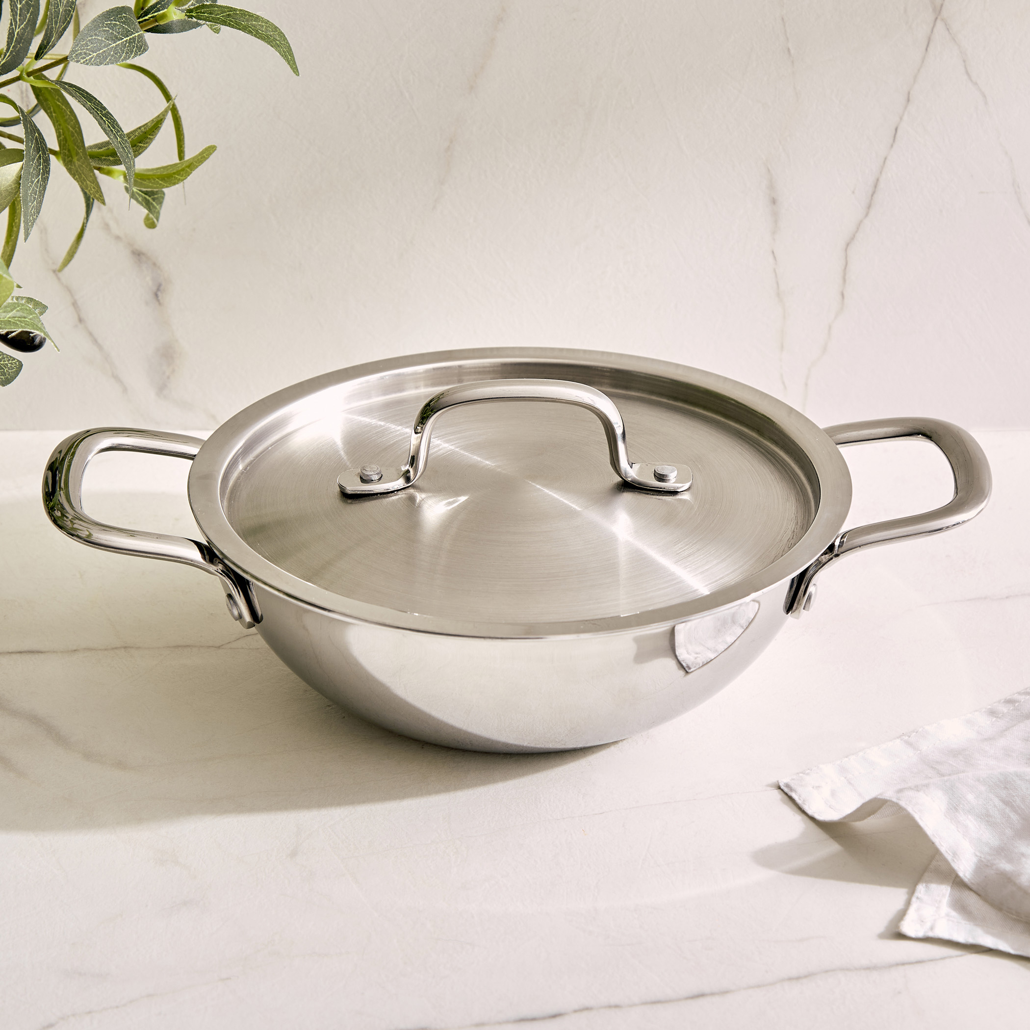 Valeria Carin Tri-Ply Stainless Steel Induction Compatible Kadhai with Lid - 1.6L in Silver