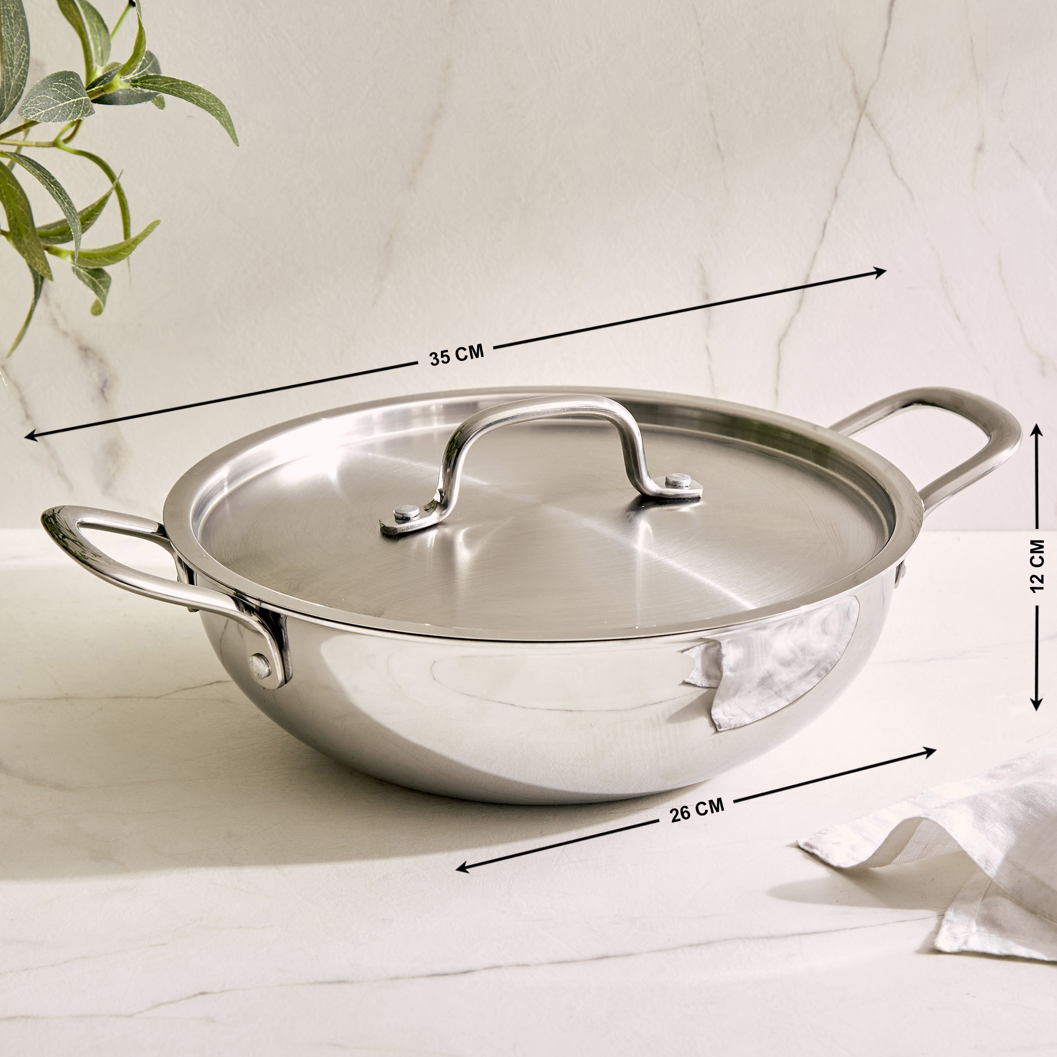 Valeria Carin Tri-Ply Stainless Steel Induction Compatible Kadhai with Lid - 2.5L in Silver
