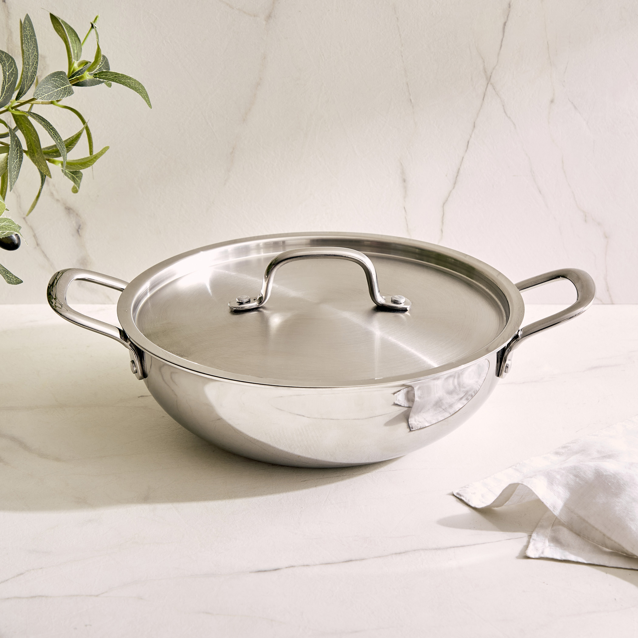 Valeria Carin Tri-Ply Stainless Steel Induction Compatible Kadhai with Lid - 2.5L in Silver